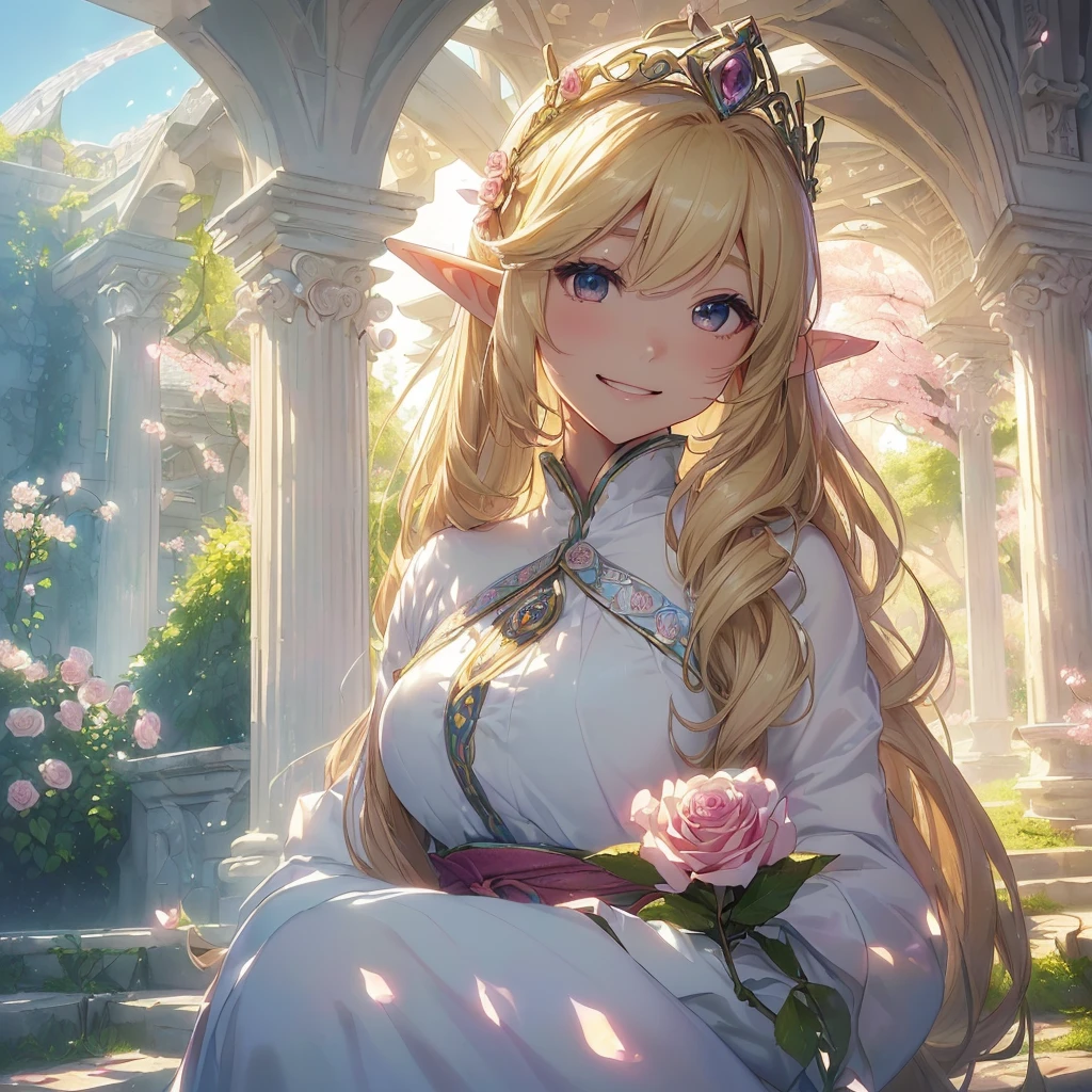 highest quality、Highest image quality、masterpiece、beautiful face、、Titania、Super beautiful elf beauty((18 years old OL big bust、bust 90,beautiful long ironed hair、blonde、Height: 170cm。slender、sexy、Esbian、beautiful tiara、night、High quality、美しいart、Beautiful bed、canopy、Sky curtain、muste piece、ビジュアルart、Depth of the bounds written、、elf ears、、Lightのmagic、universe、A happy smile、穏やかなLight、Elven Forest、cherry blossoms、、elegant、ticker beautiful decorative、marble columns、fresco、Mosaic floor、mystical rosa、Rose、flower瓶、magicのflower、flowerを作るmagic、Light、 the sky、beautiful dressy、beautiful dresyth、ART、Lord of the Ring、sexy、friendly smile、Fantastic、cherry blossoms、舞い散るflowerびら、cherry blossomsのflower、universeのmagic、magicのLight、fantasy、flower、super REALITYたくさんのRose、magic、Interior decoration、Many tapestries、Grow fantasy、、mysteryのLight、byzantine、renaissance、Art nouveau、alphonse Mucha、、art、art,mystery,UHD,magicalgentle light,sexy、