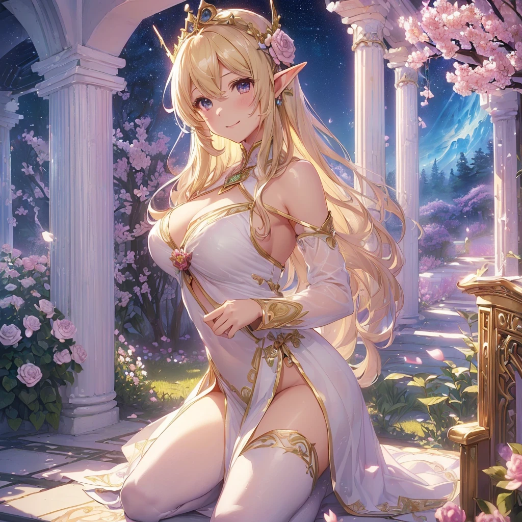 highest quality、Highest image quality、masterpiece、beautiful face、、Titania、Super beautiful elf beauty((18 years old OL big bust、bust 90,beautiful long ironed hair、blonde、Height: 170cm。slender、sexy、Esbian、beautiful tiara、night、High quality、美しいart、Beautiful bed、canopy、Sky curtain、muste piece、ビジュアルart、Depth of the bounds written、、elf ears、、Lightのmagic、universe、A happy smile、穏やかなLight、Elven Forest、cherry blossoms、、elegant、ticker beautiful decorative、marble columns、fresco、Mosaic floor、mystical　rosa、Rose、flower瓶、magicのflower、flowerを作るmagic、Light、　the sky、beautiful dressy、beautiful dresyth、ART、Lord of the Ring、sexy、friendly smile、Fantastic、cherry blossoms、舞い散るflowerびら、cherry blossomsのflower、universeのmagic、magicのLight、fantasy、flower、super REALITYたくさんのRose、magic、Interior decoration、Many tapestries、Grow fantasy、、mysteryのLight、byzantine、renaissance、Art nouveau、alphonse　Mucha、、art、art,mystery,UHD,magicalgentle light,sexy、