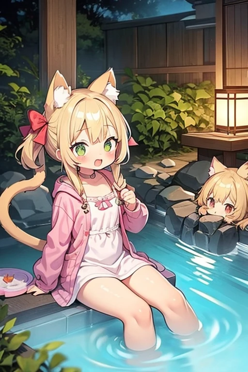 Table、Two girls humanize kittens、 physique、chibi、cat ears and tail、Snowy landscape、full 、spread your legs ,relaxed facial expression、hot onsen、sit in a pan in boiling water among floating vegetables and parsley, cat soup、chibi