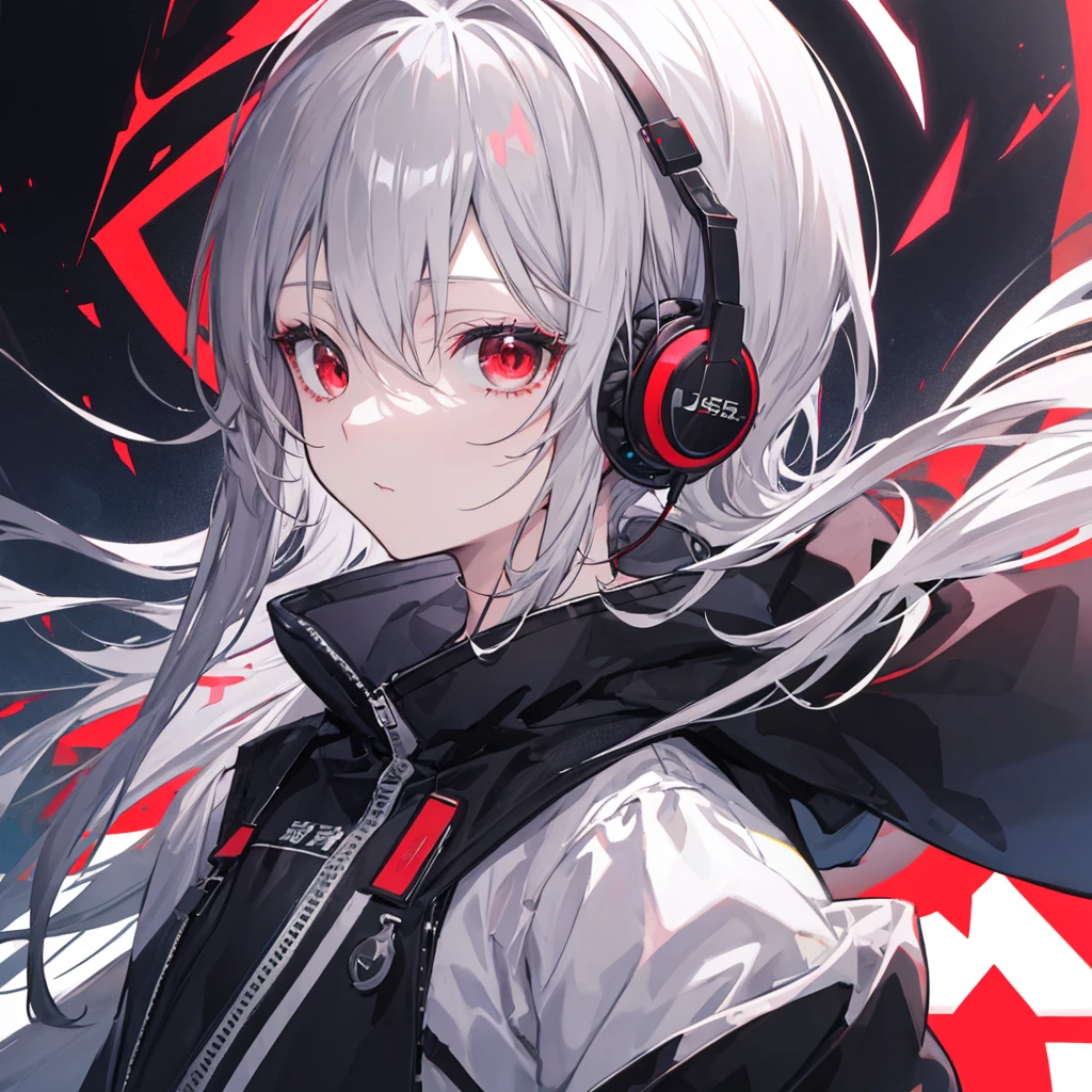 (masterpiece,Highest quality,Anime Style,atmosphere,More Information,CG rendering,Character portrait,Ray Tracing)((juvenile、juvenile、Shota、Solo))、Gray Hair、Red Eyes、Red and black gradient、Jacket、headphone、Look to the right