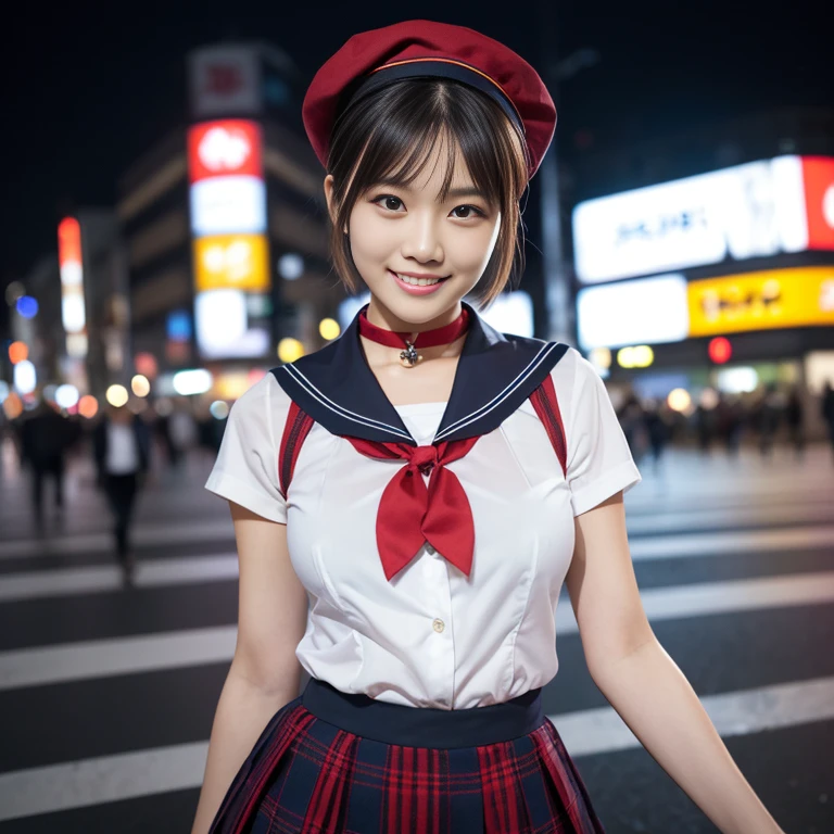 (1 gorgeous Asian women, age 20s, standing with natural pose, at a surreal Shibuya Crossing Tokyo, no people in background, night sky. She's dressed in Japanese JK Uniform, Serafuku, Seifuku, Sailor Uniform, silver neck choker, white blouse, sailor-style collar, pleated skirt, Buttons, Red Ribbon, Red Bolo Tie, Striped Necktie, Red Neckerchief, Red Bow, Sailor Hat, Western-style plaid skirt, knee-high socks, blazer, vest, beautiful detailed face, beautiful detailed eyes, dimpled smile, kind & friendly smile, short bob hair, ponytail, cute snaggletooth, ample round bosom, Fit & Healthy body proportion, photorealistic, hyper-realism, high contrast, ultra HD, realistic skin textures, top image quality, top-quality, super high resolution, fine details, very meticulously, bokeh background, full_body_shot, vivid colours, masterpiece) #aliceinborderland