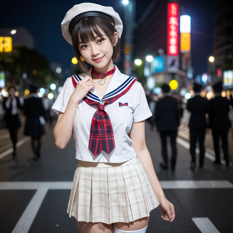 (1 gorgeous Asian women, age 20s, standing with natural pose, at a surreal Shibuya Crossing Tokyo, no people in background, night sky. She's dressed in Japanese JK Uniform, Serafuku, Seifuku, Sailor Uniform, silver neck choker, white blouse, sailor-style collar, pleated skirt, Buttons, Red Ribbon, Red Bolo Tie, Striped Necktie, Red Neckerchief, Red Bow, Sailor Hat, Western-style plaid skirt, knee-high socks, blazer, vest, beautiful detailed face, beautiful detailed eyes, dimpled smile, kind & friendly smile, short bob hair, ponytail, cute snaggletooth, ample round bosom, Fit & Healthy body proportion, photorealistic, hyper-realism, high contrast, ultra HD, realistic skin textures, top image quality, top-quality, super high resolution, fine details, very meticulously, bokeh background, full_body_shot, vivid colours, masterpiece) #aliceinborderland