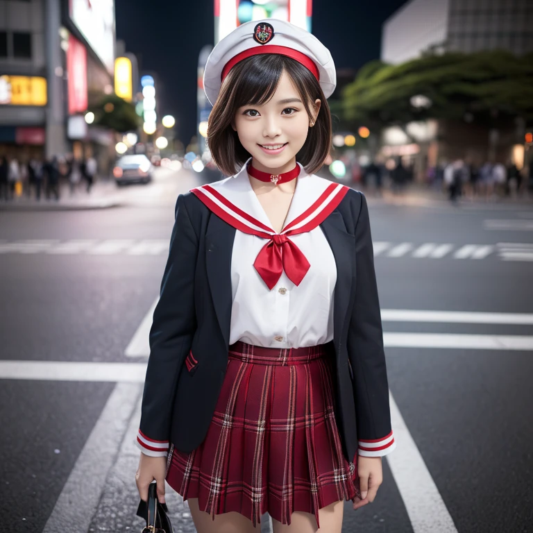 (1 gorgeous Asian women, age 20s, standing with natural pose, at a surreal Shibuya Crossing Tokyo, no people in background, night sky. She's dressed in Japanese JK Uniform, Serafuku, Seifuku, Sailor Uniform, silver neck choker, white blouse, sailor-style collar, pleated skirt, Buttons, Red Ribbon, Red Bolo Tie, Striped Necktie, Red Neckerchief, Red Bow, Sailor Hat, Western-style plaid skirt, knee-high socks, blazer, vest, beautiful detailed face, beautiful detailed eyes, dimpled smile, kind & friendly smile, short bob hair, ponytail, cute snaggletooth, ample round bosom, Fit & Healthy body proportion, photorealistic, hyper-realism, high contrast, ultra HD, realistic skin textures, top image quality, top-quality, super high resolution, fine details, very meticulously, bokeh background, full_body_shot, vivid colours, masterpiece) #aliceinborderland