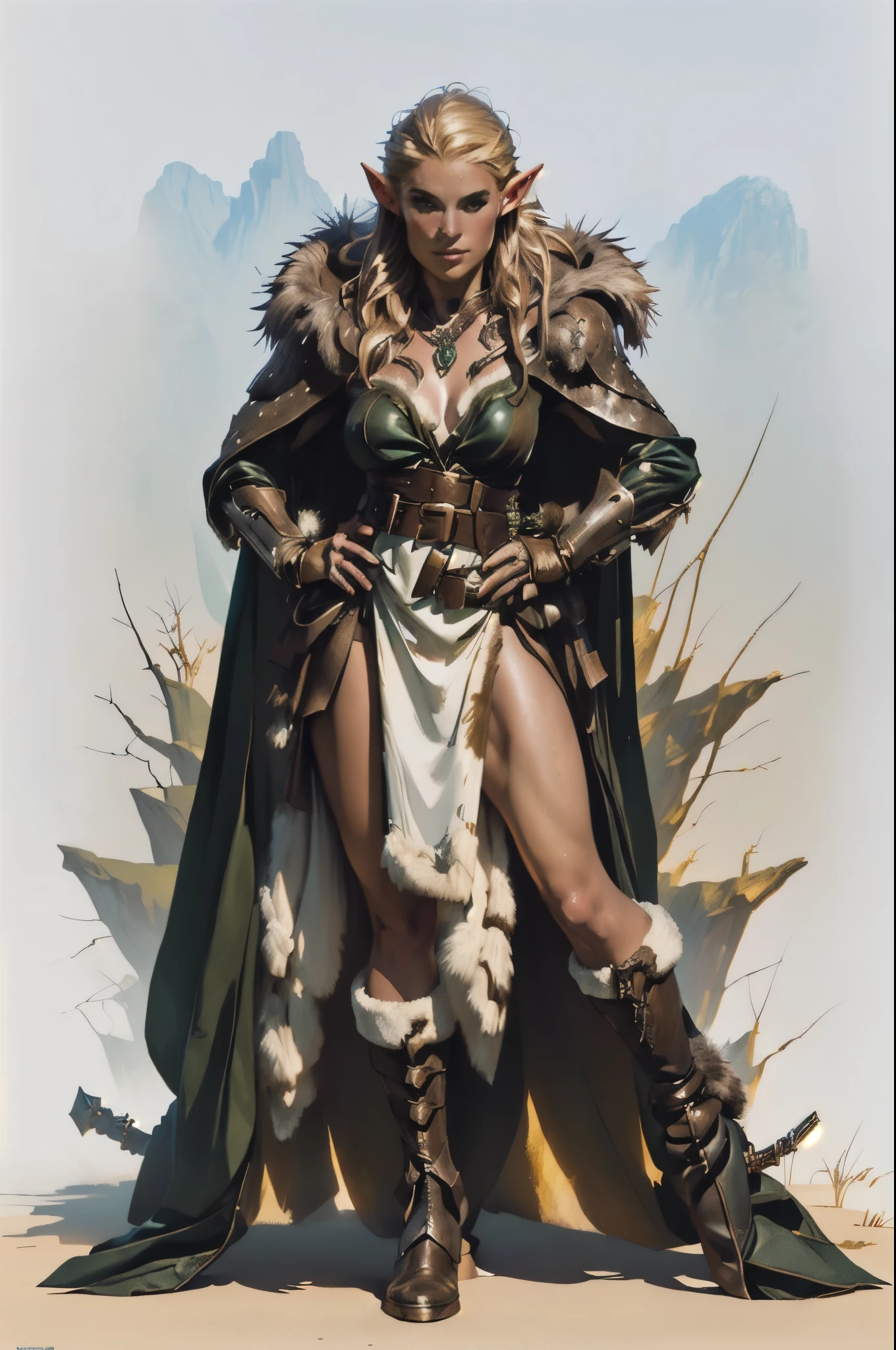 a naked elf maiden, fur cloak, fur boots, no weapons, leather belts, masterpiece, best quality, (extremely detailed CG unity 8k wallpaper), (best quality), (best illustration), (best shadow), absurdres, realistic lighting, (Abyss), beautiful detailed glow, art by PeterMohrBacher,