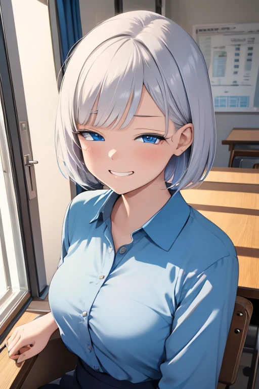 A woman with silver bob hair and blue eyes, her eyes are condescendingly, ((She is very happy with a cute grinning expression)), extremely detailed and realistic, masterpiece quality, ultra-detailed, HDR, studio lighting, vivid colors, physically-based rendering, she is studying in the classroom and facing her text