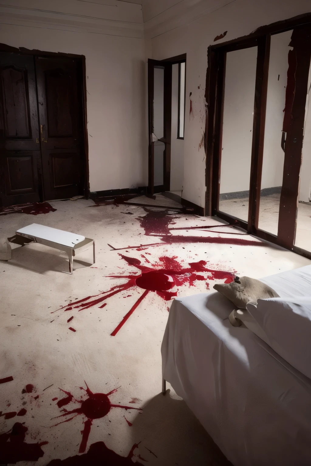 a room with a bed with blood all over it