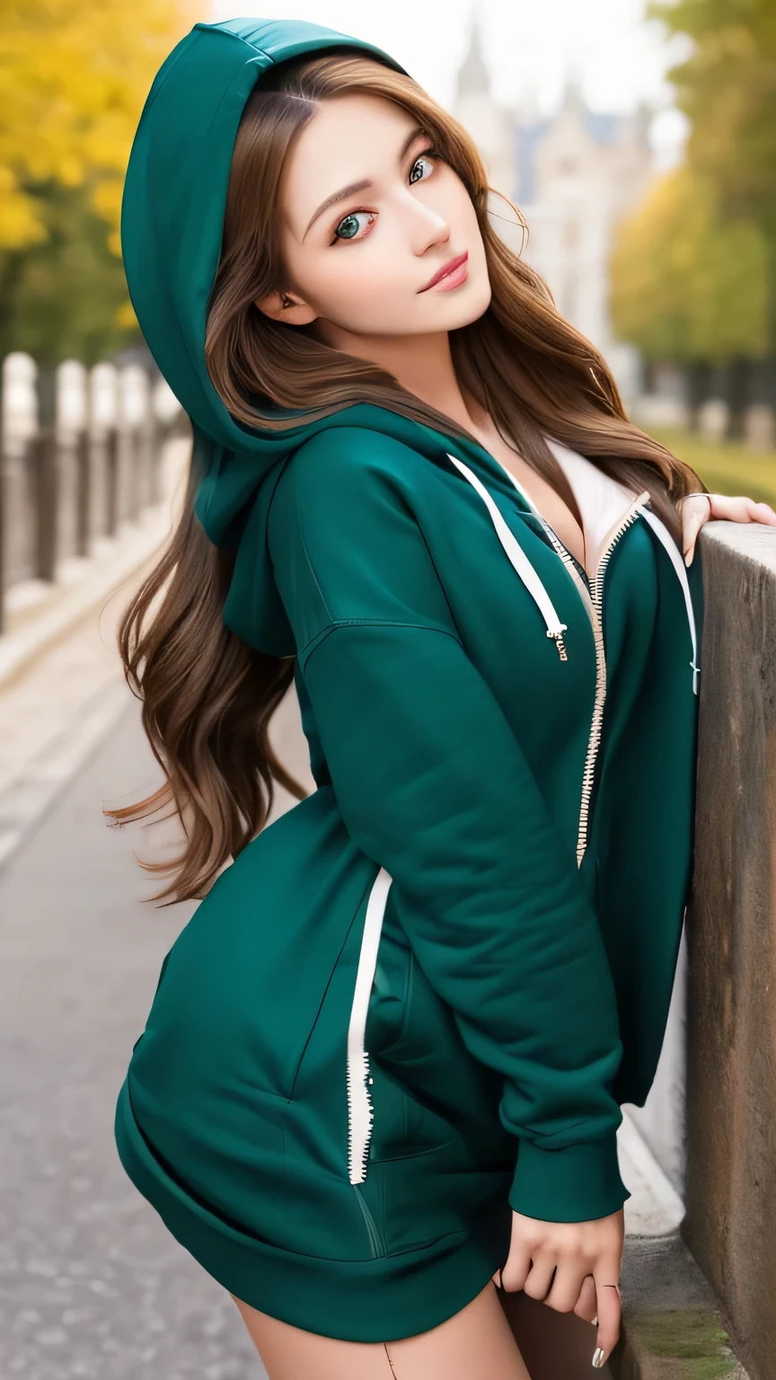 Non-NSFW、Real、Highest quality、Highest quality、masterpiece、Ultra-high resolution、RAW Photos、Real、Bright lighting、Face Light、Smooth Professional Lighting、Looking into the camera、alone、Adult women、Beautiful woman、Super Beauty、Realな肌、Moisturized Skin、Realな目と顔、Perfect model body、Beautiful Eyes、Big eyes、Inconspicuous tear bags、slim、No bra、Beautiful fingers、Very long hair、Brown Hair、Jade green eyes、looks happy、(Both ears are hidden by hair)、Fantasy World、Medieval Europe、(Slender Model)、Cobblestones、(Zipped down hoodie:1.4),(red high heels:1.2)、Small Ass、(Large Breasts:1.1)、(Venus&#39; Nipples:1.8)、Königsreuter、(Leaning forward:1.2)、(From above:1.5)