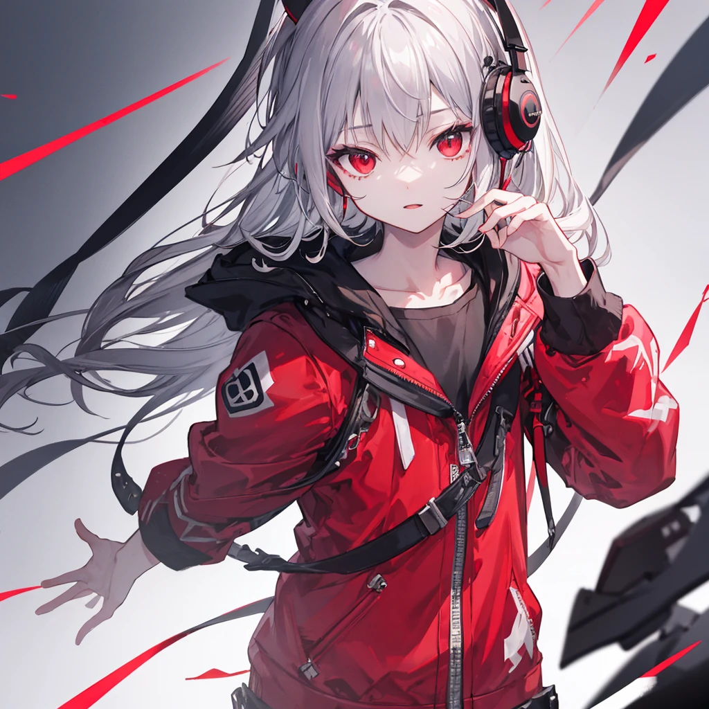 (masterpiece,Highest quality,Anime Style,atmosphere,More Information,CG rendering,Character portrait,Ray Tracing)((juvenile、juvenile、Shota、Solo))、Gray Hair、Red Eyes、Red and black gradient、Jacket、headphone、Look left