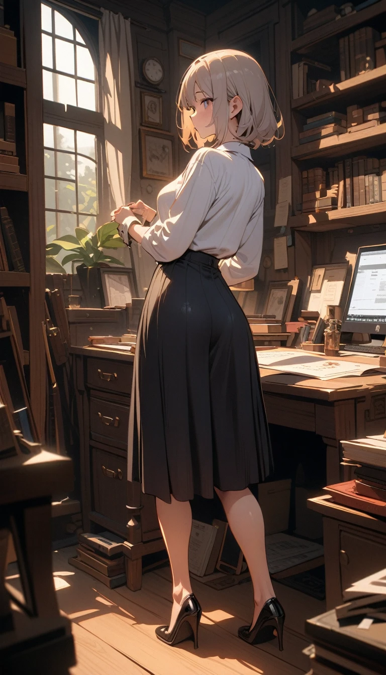 ((best quality)) , ((masterpiece)) , (detailed),((1 female)),Study treasures at home,High heel,((whole body))