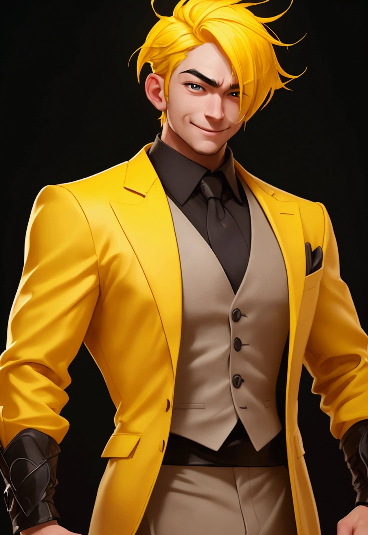 A cheerful character in his 30s with yellow hair, focusing on the male face
