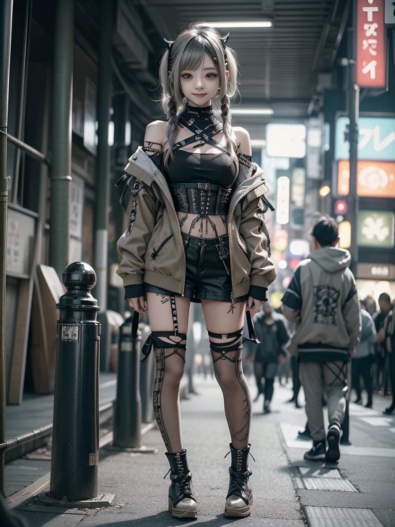 (Full Body View:1.2)、(Smiling with teeth showing:1.3),(Shibuya Gal:1.5)、(Beautiful gravure model:1.5)、(Neo-goth fashion:1.5)、(Punk RockVisual Kei:1.5)、(An off-the-shoulder hoodie in khaki and charcoal with delicate silver accessories.:1.5)、(A corset with a delicate beige and brown design:1.4)、(Olive and brown snakeskin bodysuit:1.5)、(head band:1.3)、(Beige and charcoal knee socks:1.4)、Embellished collar and long boots、(I'm selling snake print underwear.:1.4)、(Long eyelashes:1.3)、(20-year-old)、((Highest quality、8k、masterpiece:1.3))、1 Female、Slim and beautiful abs:1.3、(hairstyle casual、Beautiful boobs:1.1)、(Doing an aerobics pose:1.3)、dress:1.1、Super small face、Narrow eyes、double eyelid、A sloppy smile、Esbian all over body、Dynamic Angle、Close-up、CPL Filter、Blurred Background、Bokeh、Blue Hour、Detailed face and skin texture、Detailed eyes、,(Twin tails:1.3)、(Black brown hair:1.3)、Gravure idol、(The background is a glamorous dance hall:1.3)、(Make your legs thinner:1.4)、(Slim Body:1.3)、(clavicle:1.1)