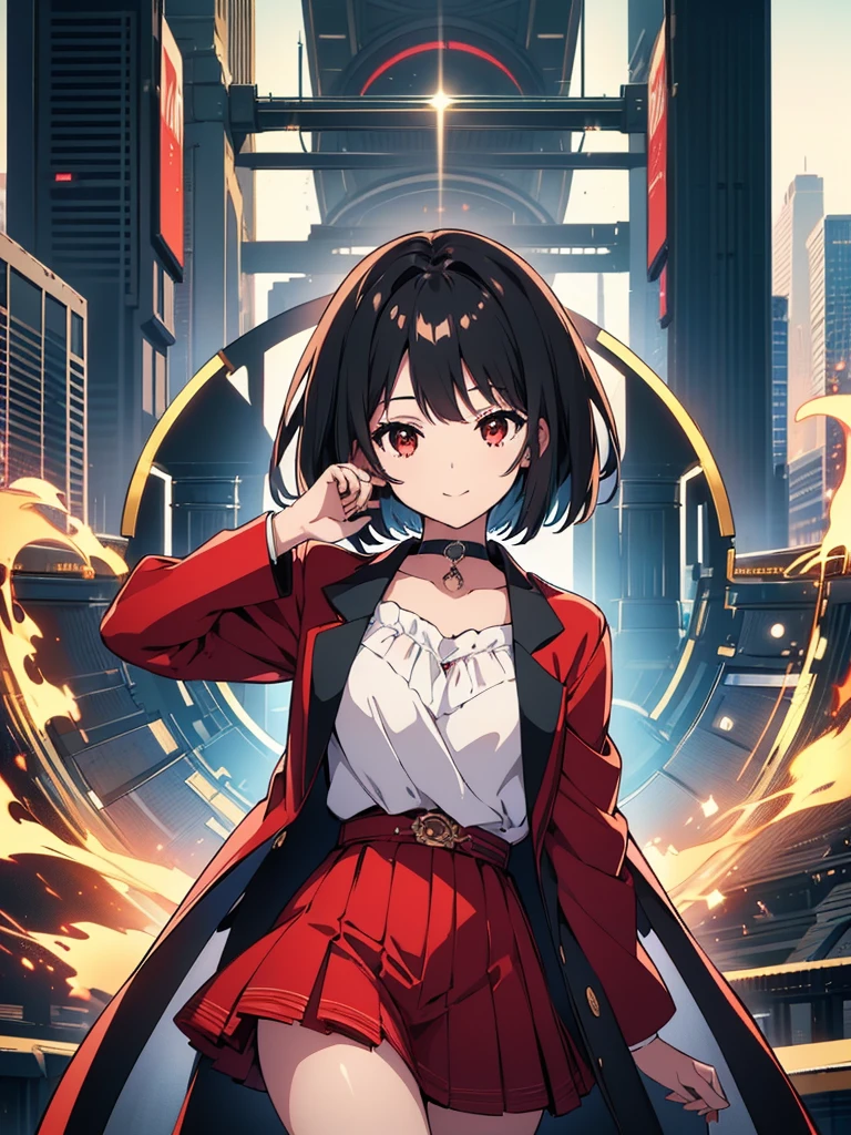 (masterpiece, highest quality, highest quality, (No text), Beautiful and aesthetic:1.2),No text,アニメ、BREAK,One Girl,Black Hair Girl short hair older sister choker Beautiful eyes Red eyes cool smile Red and Black Black jacket mini skirt whole body In town
