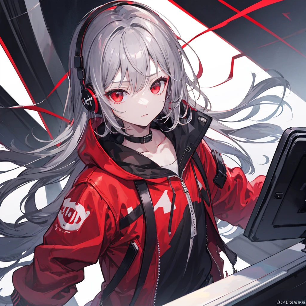 （masterpiece,Highest quality,Anime Style,atmosphere，More Information，CG rendering，Character portrait，Ray Tracing)((juvenile、juvenile、Shota、Solo))、Gray Hair、Red Eyes、Red and black gradient、Jacket、headphone、Look left