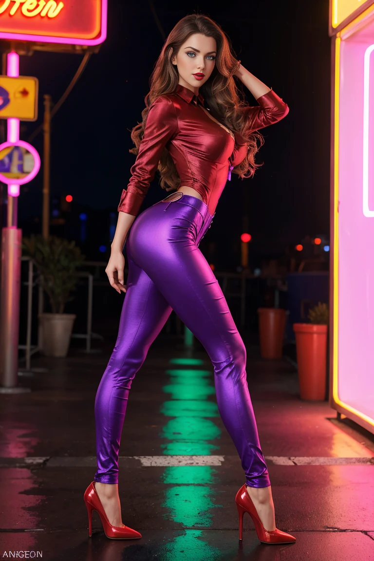 full body photographed from the side beauty superheroine very long brown curly hair, blue eyes, red lips, large breast, slim tall perfect figure, perfect thighs, long shapely legs, tight brown pants, purple unbuttoned silk shirt, elegant stilettos, ultra realistic digital photo pose in front of vibrant colorful neon lighting