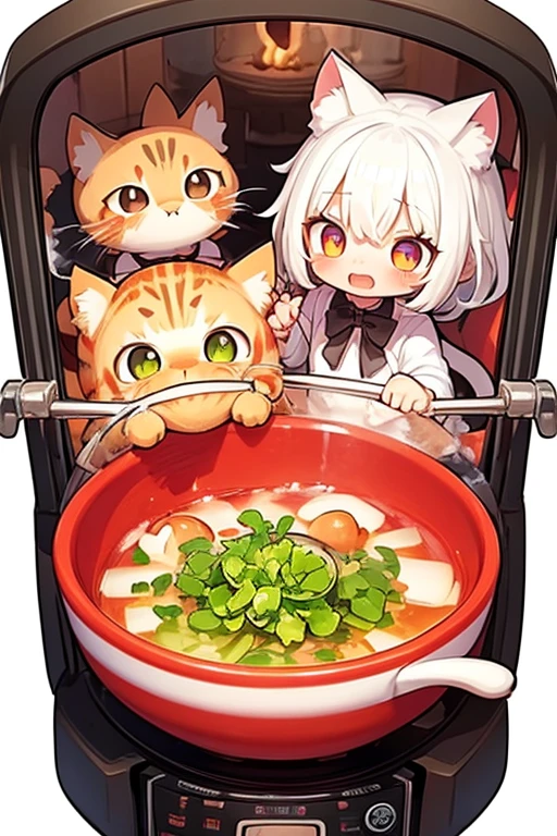 Table、Two girls humanize kittens、 physique、chibi、cat ears and tail、Snowy landscape、full 、spread your legs ,relaxed facial expression、kitchen, make kitten soup、sit in a pan in boiling water among floating vegetables and parsley, cat soup、chibi