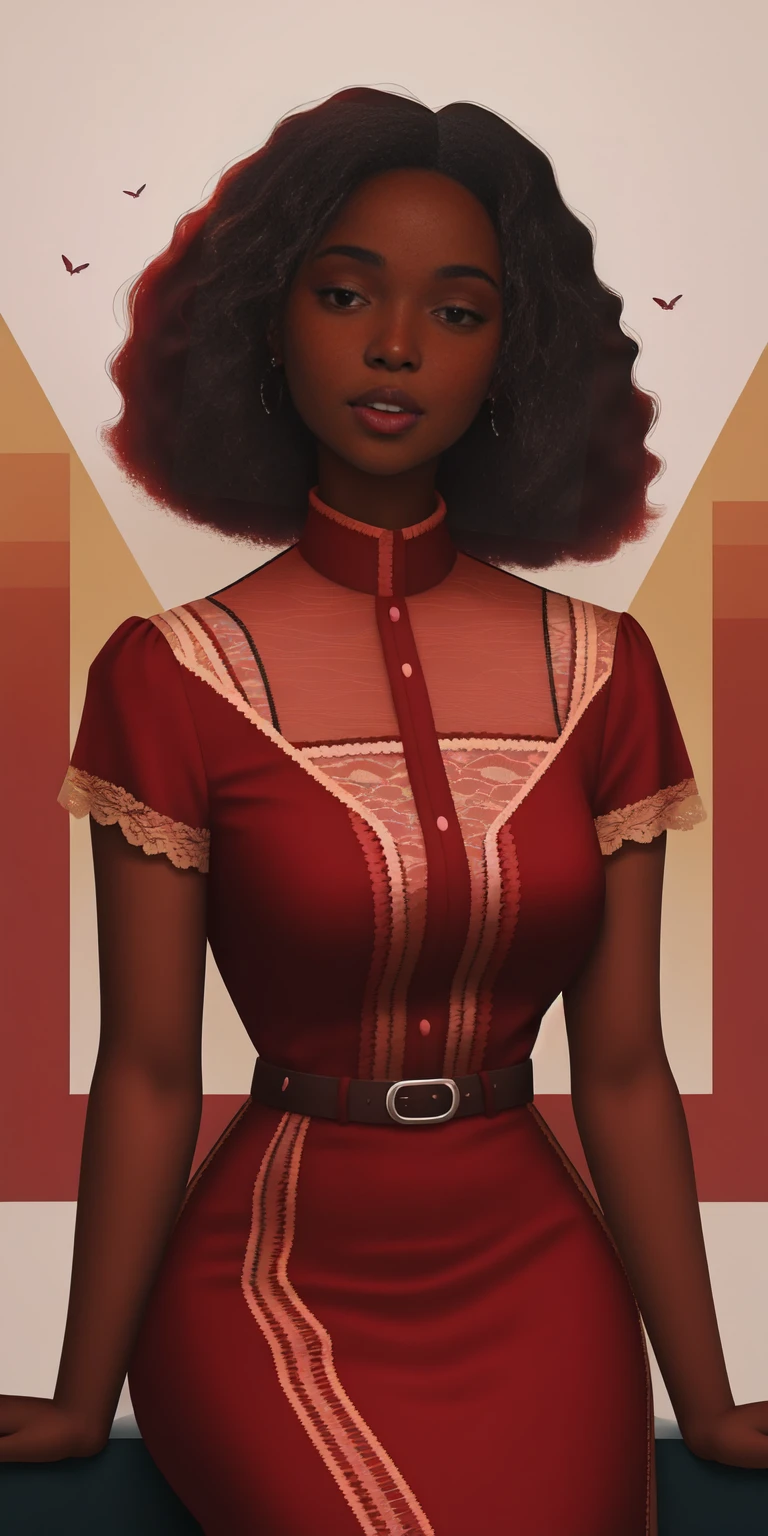 A Congolese black woman with rich dark brown skin, Content expression, Nice, 1 Frau, Intricate detailing, Fell, nice hair, Nice fitted sheer burgundy lace dress, abstract accents in the background 
