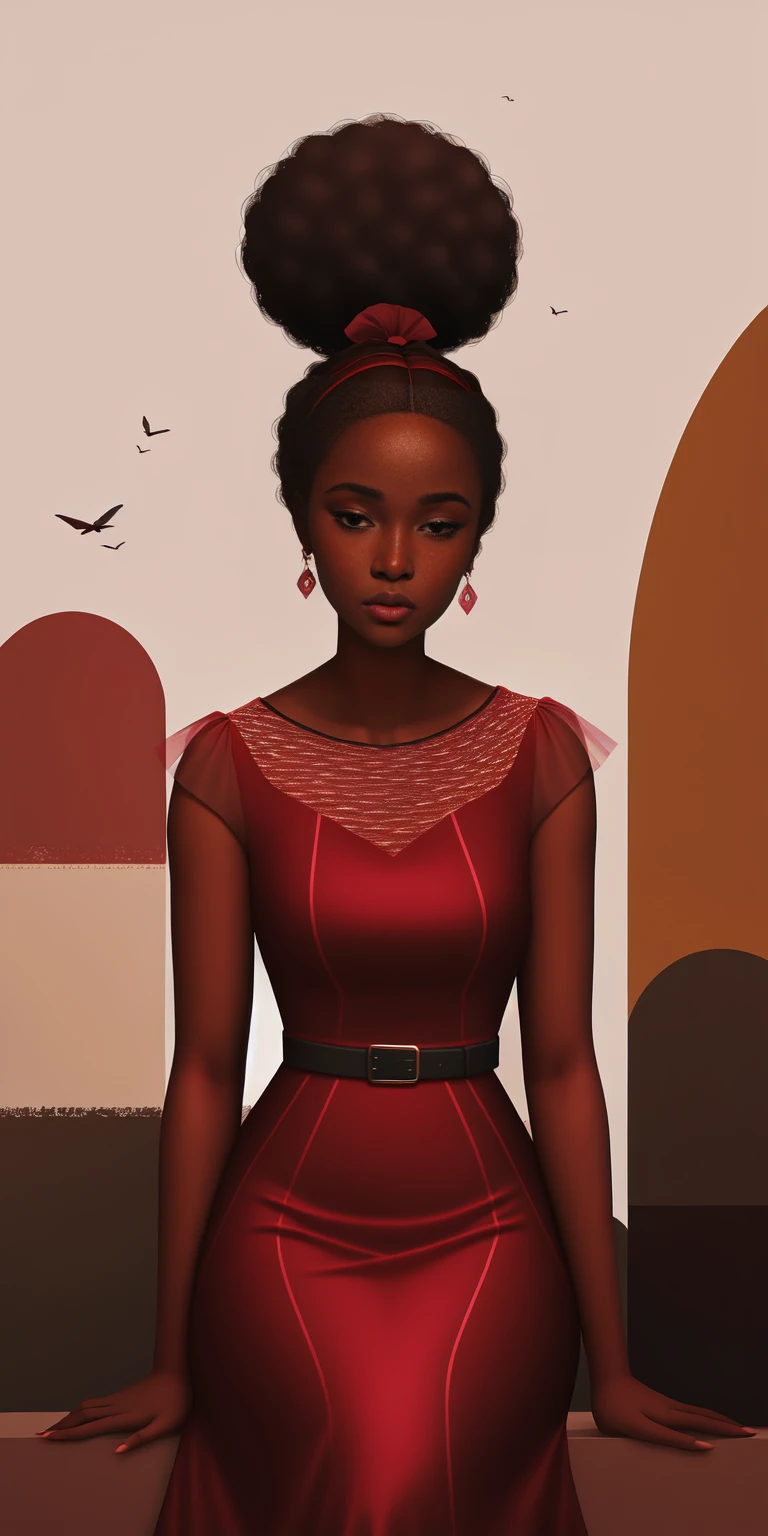 A Congolese black woman with rich dark brown skin, Content expression, Nice, 1 Frau, Intricate detailing, Fell, nice hair, Nice fitted sheer burgundy lace dress, abstract accents in the background