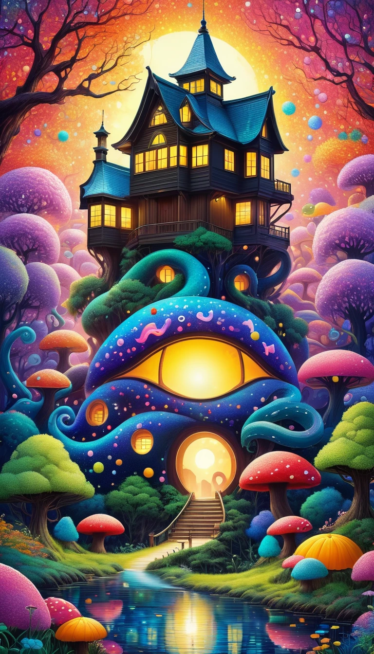 Strong visual fusion of multiple elements，Broto，来自Star的艺术家，Colorful black，Dopamine color scheme，Colored donuts、树洞里的Star、House in the trees、Eye、Stash、Tentacles，Describing the inner world of autistic people，密集Pointillism method。Smooth lines。interesting，Strange illustration。Pointillism method。Strong contrast。Award-winning works。