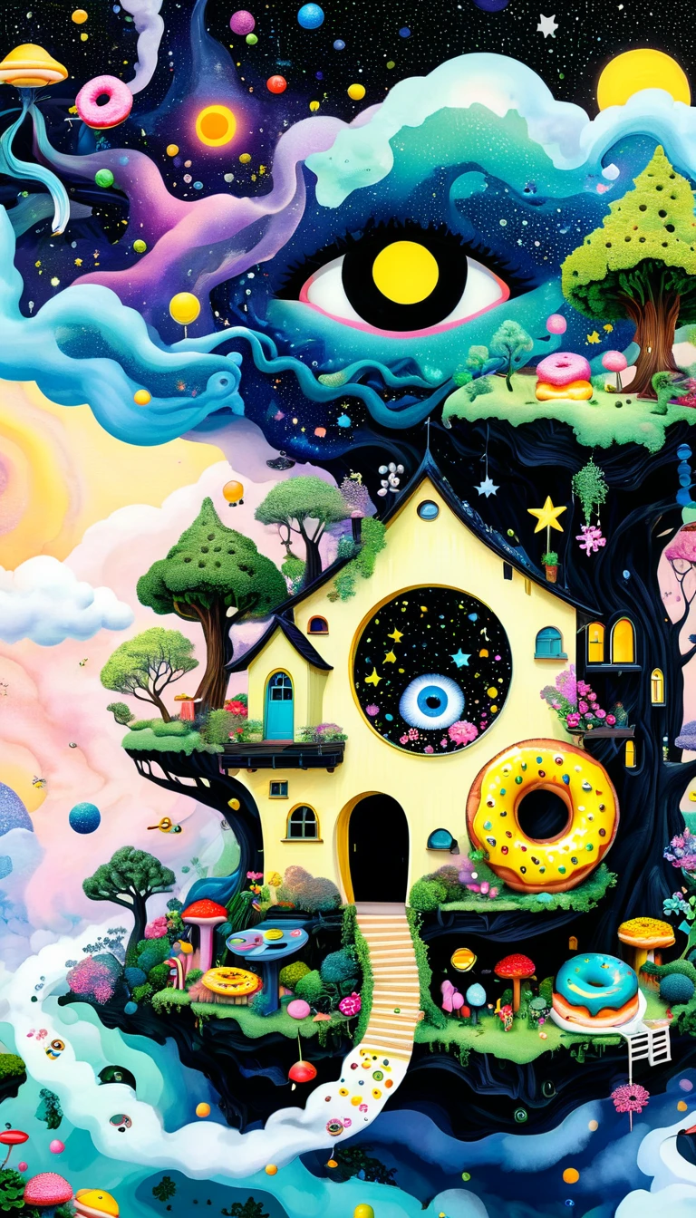 Strong visual fusion of multiple elements，Broto，来自Star的艺术家，Colorful black，Dopamine color scheme，Colored donuts、树洞里的Star、House in the trees、Eye、Star、cloud、fish、Tentacles，Describing the inner world of autistic people，密集Pointillism method。Smooth lines。interesting，Strange illustration。Pointillism method。Strong contrast。Award-winning works。