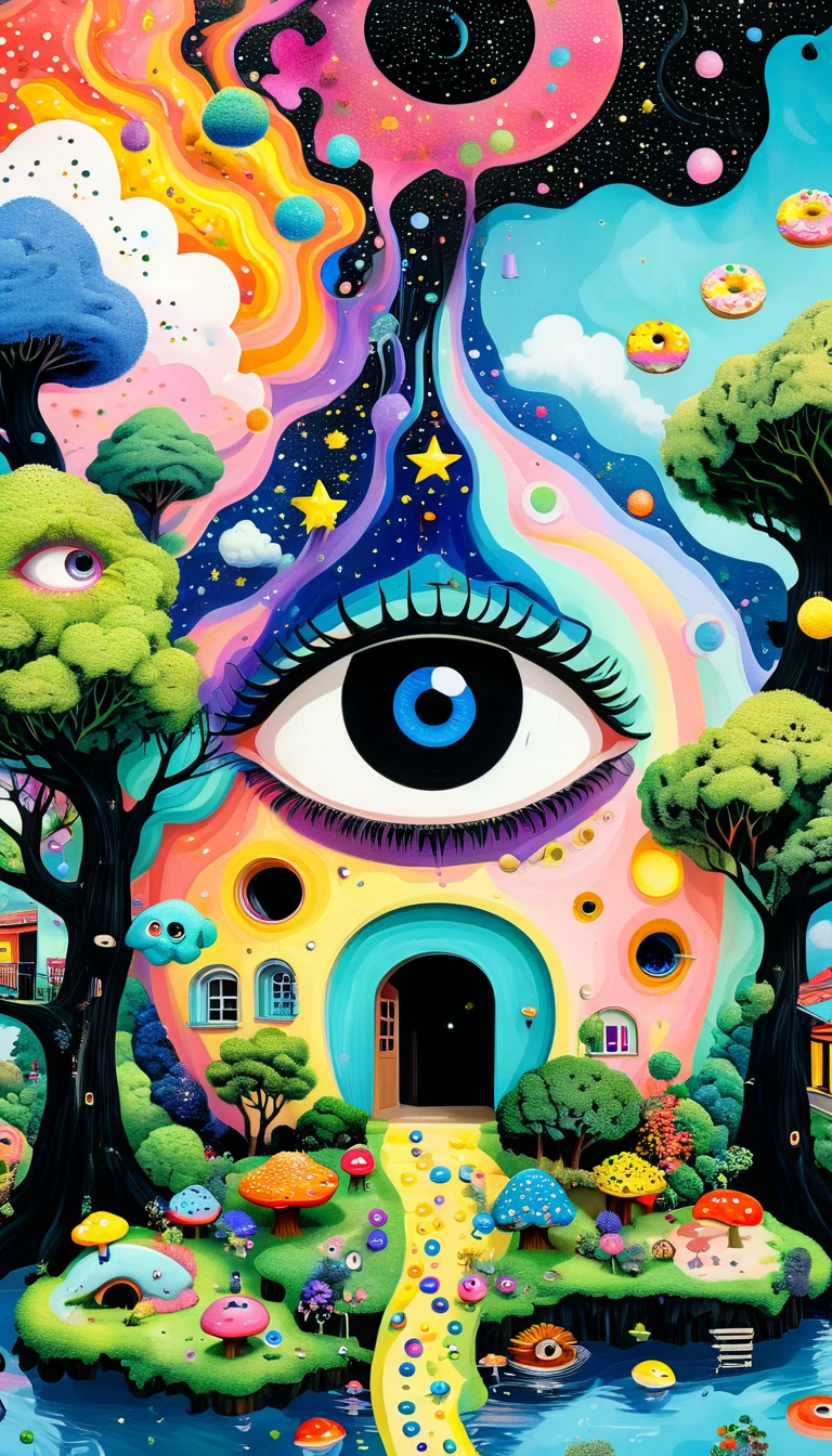 Strong visual fusion of multiple elements，Broto，来自Star的艺术家，Colorful black，Dopamine color scheme，Colored donuts、树洞里的Star、House in the trees、Eye、Star、cloud、fish、Tentacles，Describing the inner world of autistic people，密集Pointillism method。Smooth lines。interesting，Strange illustration。Pointillism method。Strong contrast。Award-winning works。