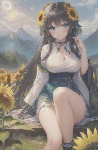 (masterpiece, Highest quality, Highest quality, Official Art, beautifully、aesthetic:1.2), (One girl, cute:1.2), Very detailed, colorful, Most detailed ((Very detailed)), (Highly detailed CG illustrations), ((Very delicate and beautiful)),(Outdoor, nature, country, Mountain, Have, Black Hair, Long Hair, blue eyes, Large Breasts, Particles of light, Lens flare, Depth of written boundary, Shine, Bokeh, 斑点模様のDay光, Day, Seraphim, , Trekking shoes, Ribbon choker, sunflower:1.2), Large Breasts