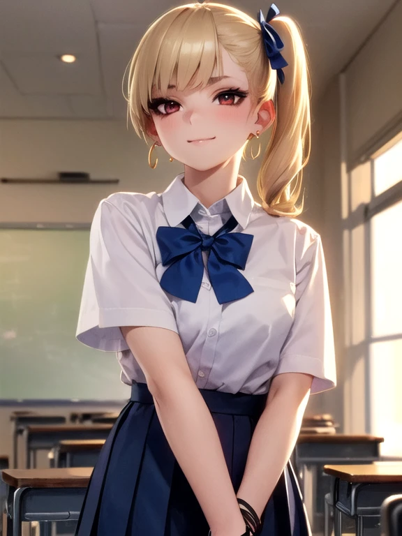 ((Highest quality)), ((masterpiece)), (detailed), Perfect Face, Perfect Arms, Perfect hands, Perfect Fingers, anime, Ultra-fine illustration, (One girl), Wheat skin, Medium chest, (Put your hands behind your back:1.3), Mischievous, Blonde, Side Ponytail, (Earrings:1.3), bracelet, {(Heavy makeup), (Light Brown Eyeshadow), (eyeliner), (False eyelashes), (mascara), (Thin eyebrows)}, {(JK Uniform), (White short sleeve shirt), (Navy blue pleated skirt), (Navy blue ribbon), (A bow tie)}, classroom, School, looking at the camera, Photographed from the front, Upper Body Shot, 