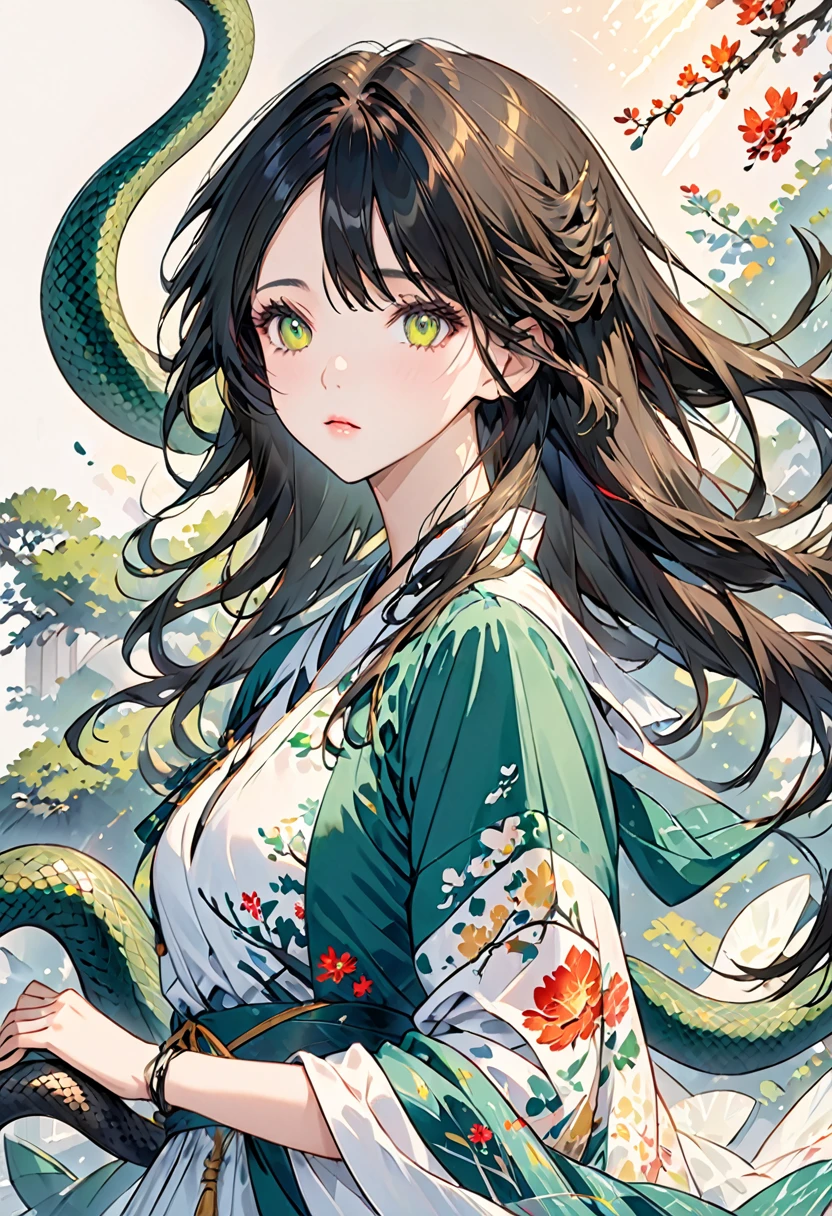 nsfw、• Character Design:女性型の蛇のAjin • 目: Golden Eyes。Sharp、Vertically narrow pupils represent the predator instinct。 • hair: Expressive snake-like hair。Her long, disheveled hair spread out、Give the tip of the hair a snake-like texture。 • Skin: The whole thing has a snake-scale texture.、Be careful not to ruin the beauty。 • expression: 謎めいた微笑みとAlluringさを併せ持つ表情。 • backgroundと演出: • background: Based on white、Abstract image of ink smudged with emerald green。A simple yet complex pattern emerges。 • Lighting: Shine a strong light on her face、Emphasize shadows。Reflects light especially on the eyes and scales。 • Pauseとディテール: • Pause: Close-up of face facing camera。The visible nails have flashy nail art.。 • Costumes: Modern and gorgeous dress。 Concept Art、Alluring、Exposed、Ajin、stylish