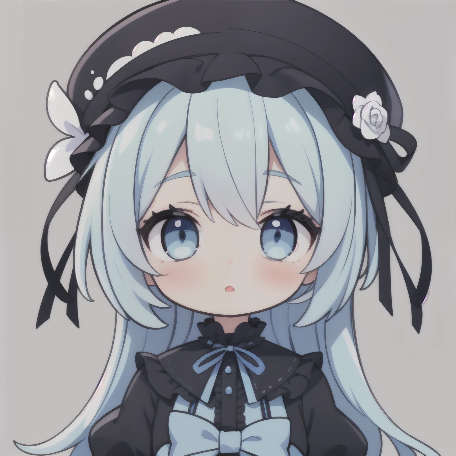girl, Long eyelashes,Black Gothic Lolita,Light blue long hair, big eyes, Light blue eyes, Black Hat