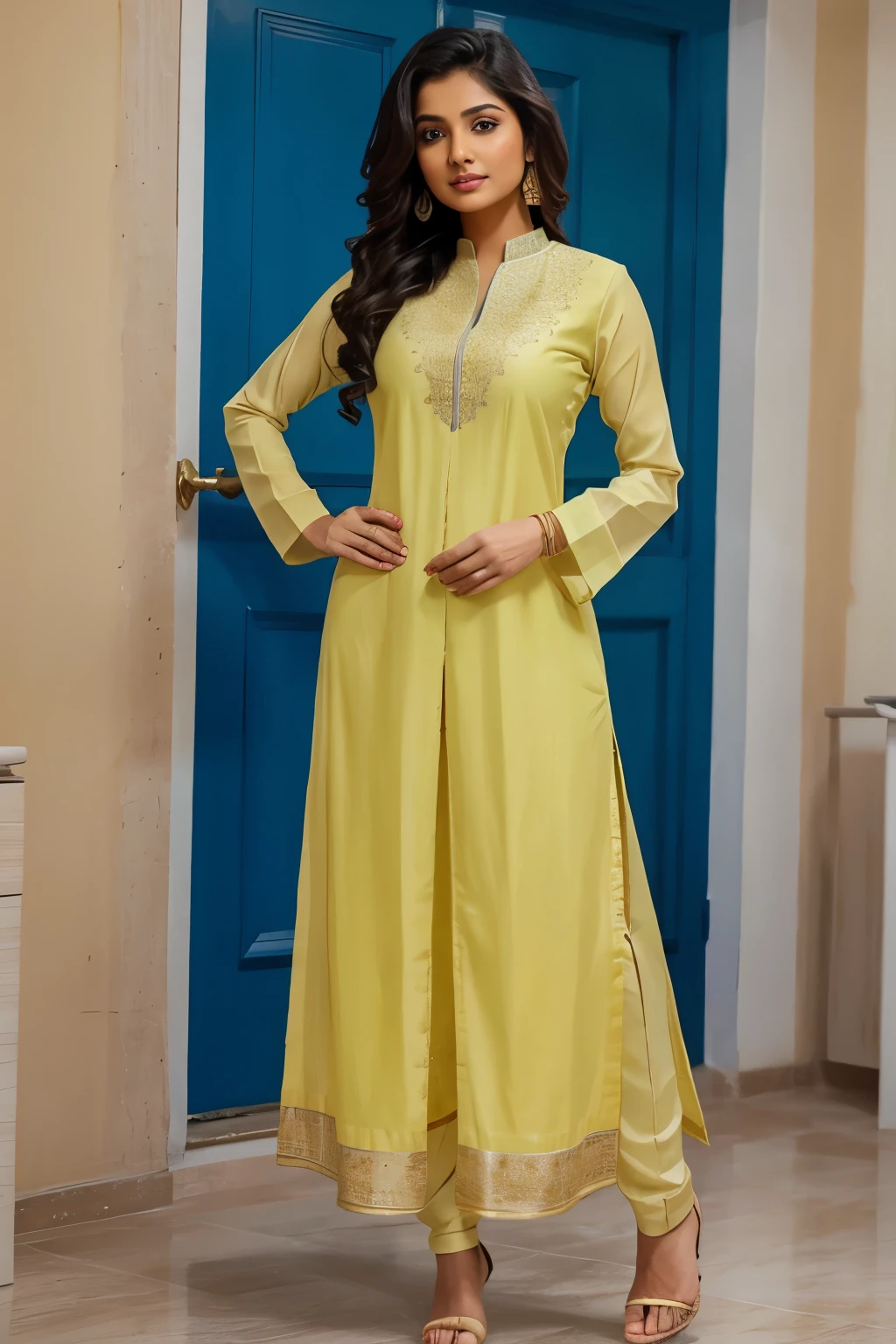 A lady wear salwar kameez seeing her  doing brooming in typical indian room showing her breast