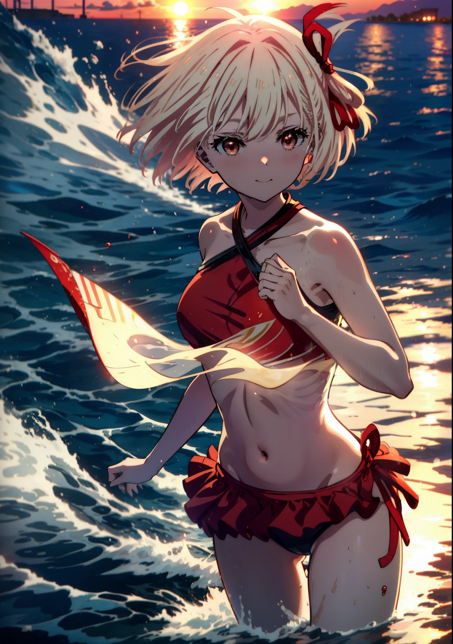  chisato nishikigi, short hair, bangs, Blonde, smile,(Red eyes:1.5),hair ribbon, One side up, Bobcut,smile,Red frilly bikini swimsuit,barefoot,Wet Skin,Wet swimsuit,Wet Hair,Water Play,evening,sunset,The sun is setting,Calm waves,
break outdoors,Beach,
break looking at viewer, whole body,(Cowboy Shot:1. 5)
break (masterpiece:1.2), Highest quality, High resolution, unity 8k wallpaper, (figure:0.8), (Beautiful attention to detail:1.6), Highly detailed face, Perfect lighting, Highly detailed CG, (Perfect hands, Perfect Anatomy),