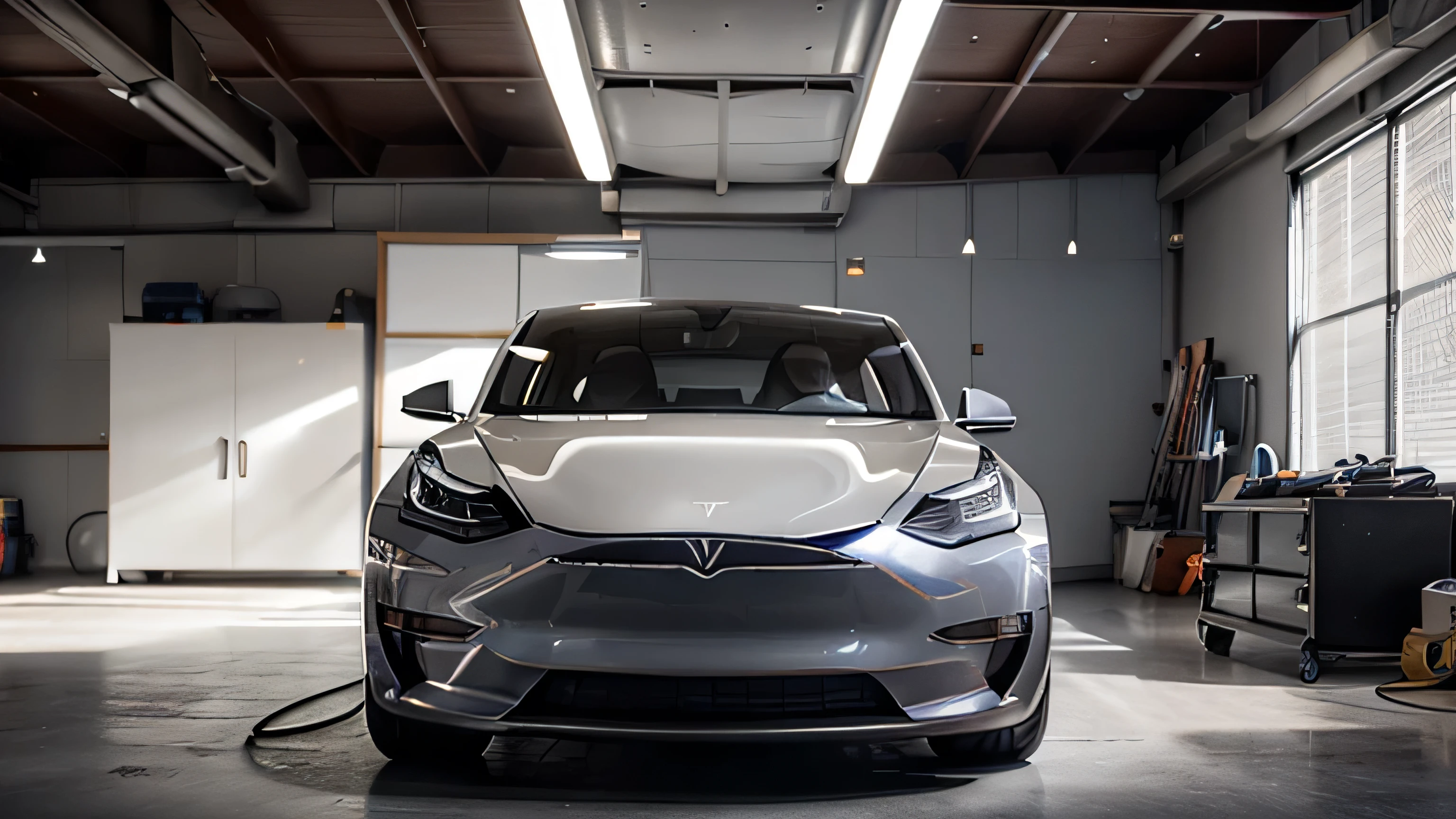 Tesla Model 3 positioned center in a pristine, modern garage with studio lighting highlighting its sleek form, mechanical tools arranged methodically in the backdrop, focus on the clean aesthetic, garage bathed in diffused light, poised for a sleek commercial showcase, emphasis on design, ultra-modern, elegant reflectivity, studio-lighting setup, high-resolution automotive photography