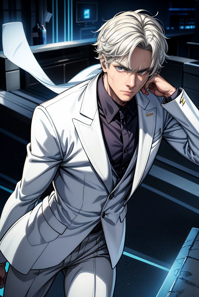thriller, stormy, mysterious agent in a white suit and with a scar on his face, which can disappear from the minimap for a few seconds, mansion with traps and enemies from Free Fire, 16 thousand., Dark