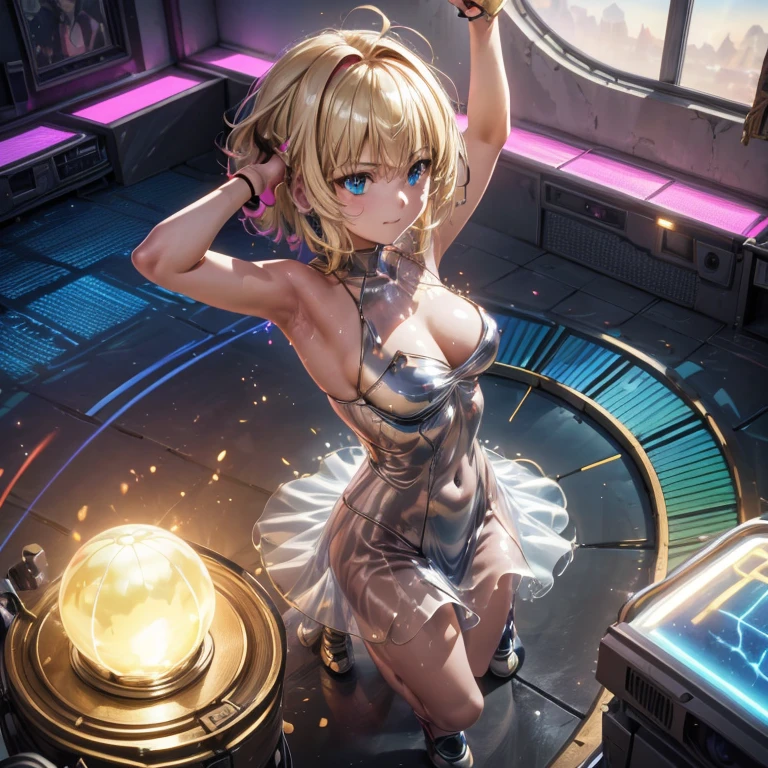 ((Highest quality)), ((masterpiece)), (detailed:1.4), 3d, detailedな筋肉のリアルなmasterpieceを持つカメラを見ている美しいサイバネティックガール, Beautiful cyberpunk woman image,High resolution (High Dynamic Range),Ray Tracing,NVIDIA,Super Resolution,Unreal 5,Scattered beneath the surface,PBR Texturing,Post-processing,Maximum clarity and sharpness,Multilayer Texture,Albedo and Specular Maps,Surface Shading,Accurate simulation of light-matter interactions,Perfect Proportions,Octane Rendering,Two-tone lighting,wide aperture,Low ISO,White balance,Three-part method,8K RAW, Active Pause, Action pose, (Gold Parts), fringe, Emerald Blue Eyes, very beautiful shorthair, (A faint smile), ((Very elegant)), ((Very luxurious)), (Suite Room), (From above),masterpiece,8k,(Silicone Skin), ((In-focus photo)), ((Focused photos)), ((People are not blurred)), 4K,Blonde、Attractions、A beautiful, high-contrast, rainbow-hued costume、Tight clothing ,sprawl ,Heart symbol,(Glowing Skin、Pink and blue light source),huge , ((Heavy breathing:1.3)), , Little devil smile, Angle from below、、throw、((Illuminated by neon and black lights)))、Dancing, (with a gun in hand)、((Two perfect hands))、((Perfect Five Fingers))、