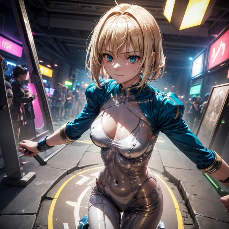 ((Highest quality)), ((masterpiece)), (detailed:1.4), 3d, detailedな筋肉のリアルなmasterpieceを持つカメラを見ている美しいサイバネティックガール, Beautiful cyberpunk woman image,High resolution (High Dynamic Range),Ray Tracing,NVIDIA,Super Resolution,Unreal 5,Scattered beneath the surface,PBR Texturing,Post-processing,Maximum clarity and sharpness,Multilayer Texture,Albedo and Specular Maps,Surface Shading,Accurate simulation of light-matter interactions,Perfect Proportions,Octane Rendering,Two-tone lighting,wide aperture,Low ISO,White balance,Three-part method,8K RAW, Active Pause, Action pose, (Gold Parts), fringe, Emerald Blue Eyes, very beautiful shorthair, (A faint smile), ((Very elegant)), ((Very luxurious)), (Suite Room), (From above),masterpiece,8k,(Silicone Skin), ((In-focus photo)), ((Focused photos)), ((People are not blurred)), 4K,Blonde、Attractions、A beautiful, high-contrast, rainbow-hued costume、Tight clothing ,sprawl ,Heart symbol,(Glowing Skin、Pink and blue light source),huge , ((Heavy breathing:1.3)), , Little devil smile, Angle from below、、throw、((Illuminated by neon and black lights)))、Dancing, (with a gun in hand)、((Two perfect hands))、((Perfect Five Fingers))、