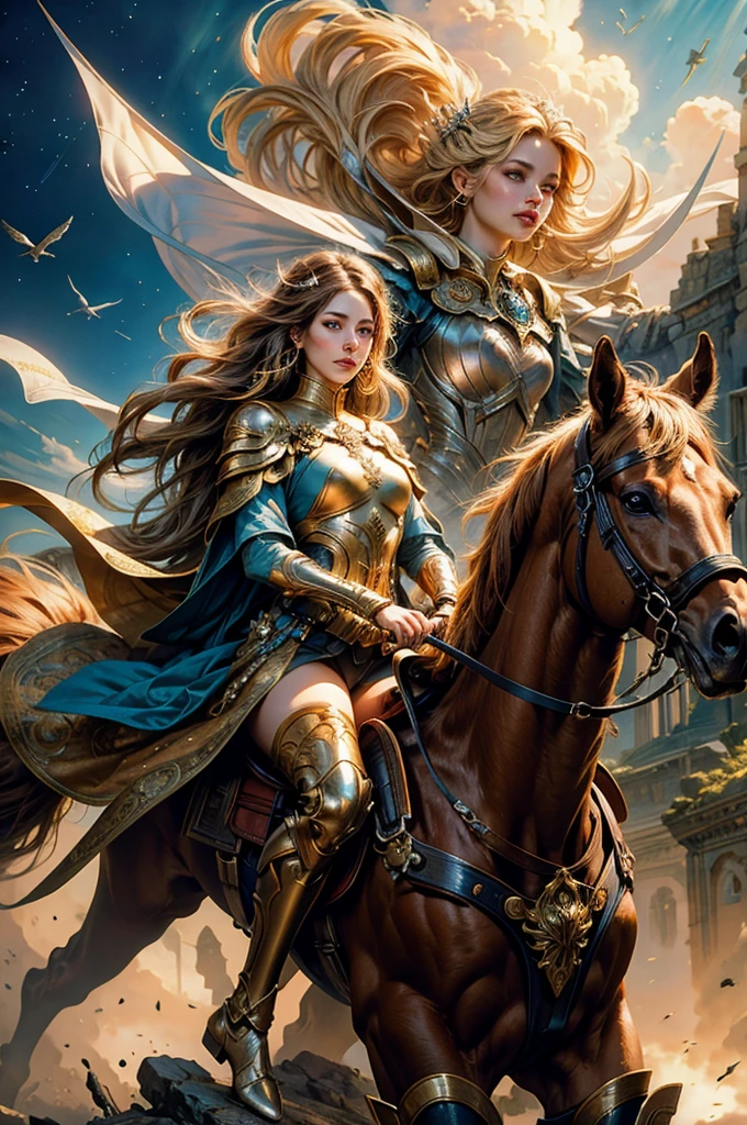  close up of a woman riding a horse in a sky, a fine art painting inspired by Magali Villeneuve, Artstation contest winner, fantasy art, karol bak uhd, graphic artist magali villeneuve, fantasy woman, beautiful maiden, magali villeneuve', beautiful fantasy art, karol bak and peter mohrbacher, beautiful fantasy maiden
