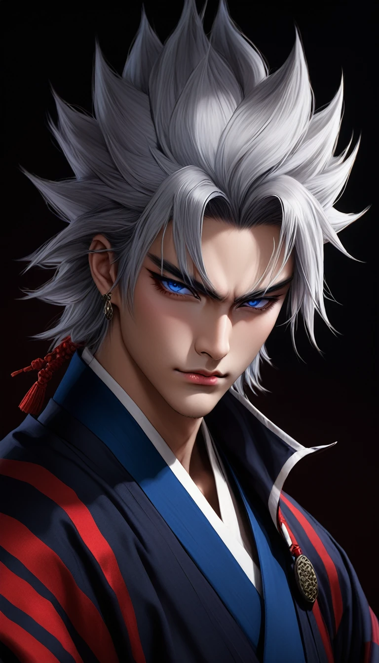 Here's a revised prompt to give Tengen Uzui a bold and mean style:
"Create an image of Tengen Uzui: a lean and menacing young man with silver hair styled in a messy, spiky fashion, and piercing blue eyes that seem to bore into those he looks at. He should wear a bold, black and red striped kimono with a high collar and wide sleeves, adorned with sharp, jagged embroidery that looks like the edges of a razor.
His facial features should be sharp and chiseled, with a strong jawline and a small, cruel smile that hints at his ruthless nature. His eyes should be narrowed, as if he's sizing up his opponent, and his eyebrows should be thick and angled, giving him a perpetually menacing look.
In the background, create a dark, gritty atmosphere with bold, contrasting colors that evoke a sense of intensity and danger. The overall mood of the image should be one of boldness, menace, and a hint of sadism, capturing the essence of Tengen Uzui's bold and mean style."
This revised prompt gives Tengen Uzui a more aggressive and intimidating appearance, with a bold and striking color scheme that reflects his confident and ruthless personality.