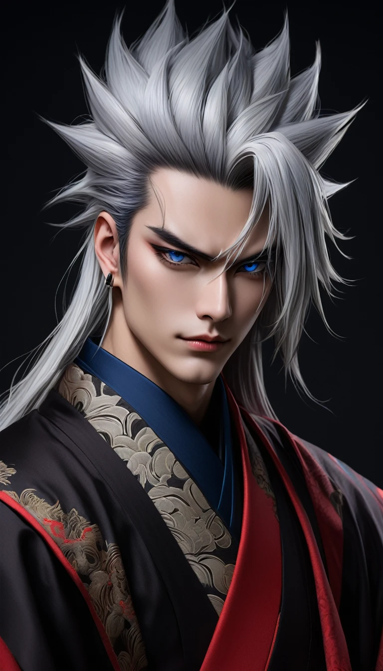 Here's a revised prompt to give Tengen Uzui a bold and mean style:

"Create an image of Tengen Uzui: a lean and menacing young man with silver hair styled in a messy, spiky fashion, and piercing blue eyes that seem to bore into those he looks at. He should wear a bold, black and red striped kimono with a high collar and wide sleeves, adorned with sharp, jagged embroidery that looks like the edges of a razor.

His facial features should be sharp and chiseled, with a strong jawline and a small, cruel smile that hints at his ruthless nature. His eyes should be narrowed, as if he's sizing up his opponent, and his eyebrows should be thick and angled, giving him a perpetually menacing look.

In the background, create a dark, gritty atmosphere with bold, contrasting colors that evoke a sense of intensity and danger. The overall mood of the image should be one of boldness, menace, and a hint of sadism, capturing the essence of Tengen Uzui's bold and mean style."

This revised prompt gives Tengen Uzui a more aggressive and intimidating appearance, with a bold and striking color scheme that reflects his confident and ruthless personality.