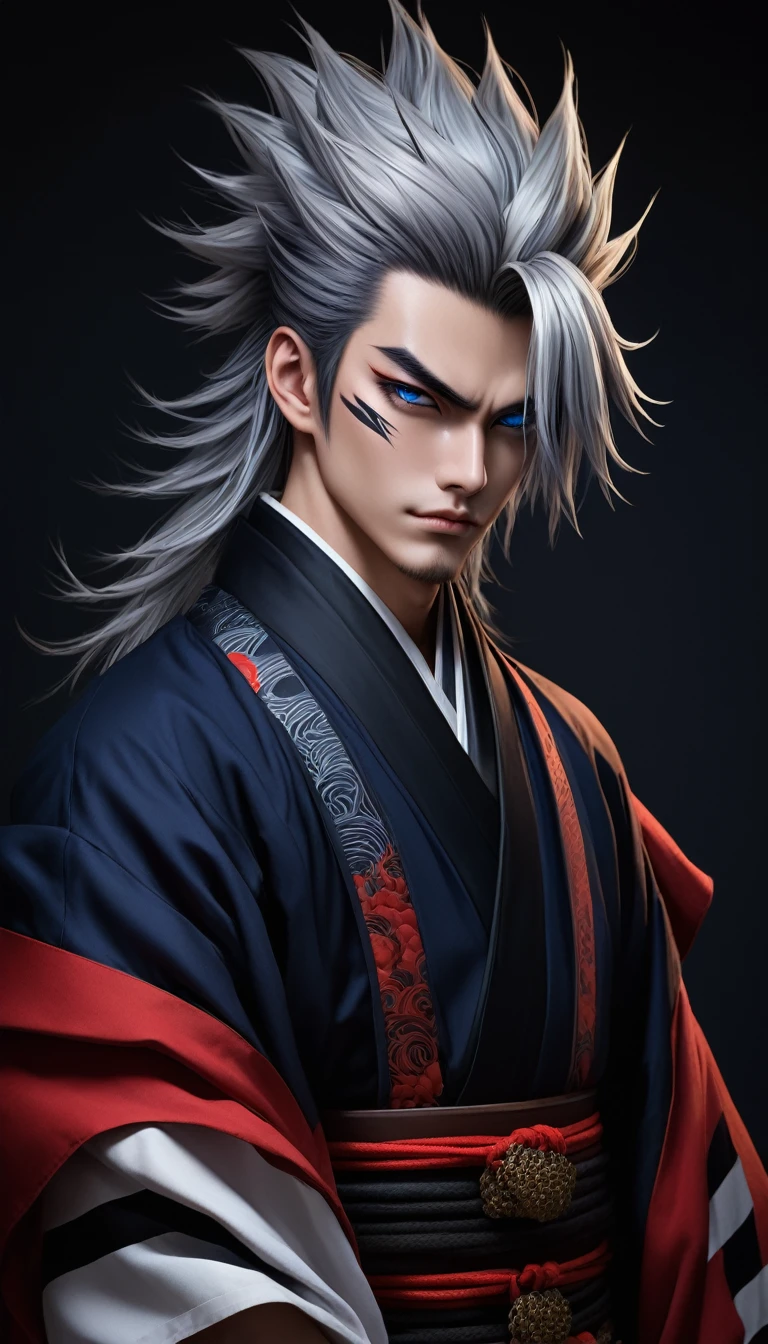 Here's a revised prompt to give Tengen Uzui a bold and mean style:
"Create an image of Tengen Uzui: a lean and menacing young man with silver hair styled in a messy, spiky fashion, and piercing blue eyes that seem to bore into those he looks at. He should wear a bold, black and red striped kimono with a high collar and wide sleeves, adorned with sharp, jagged embroidery that looks like the edges of a razor.
His facial features should be sharp and chiseled, with a strong jawline and a small, cruel smile that hints at his ruthless nature. His eyes should be narrowed, as if he's sizing up his opponent, and his eyebrows should be thick and angled, giving him a perpetually menacing look.
In the background, create a dark, gritty atmosphere with bold, contrasting colors that evoke a sense of intensity and danger. The overall mood of the image should be one of boldness, menace, and a hint of sadism, capturing the essence of Tengen Uzui's bold and mean style."
This revised prompt gives Tengen Uzui a more aggressive and intimidating appearance, with a bold and striking color scheme that reflects his confident and ruthless personality.