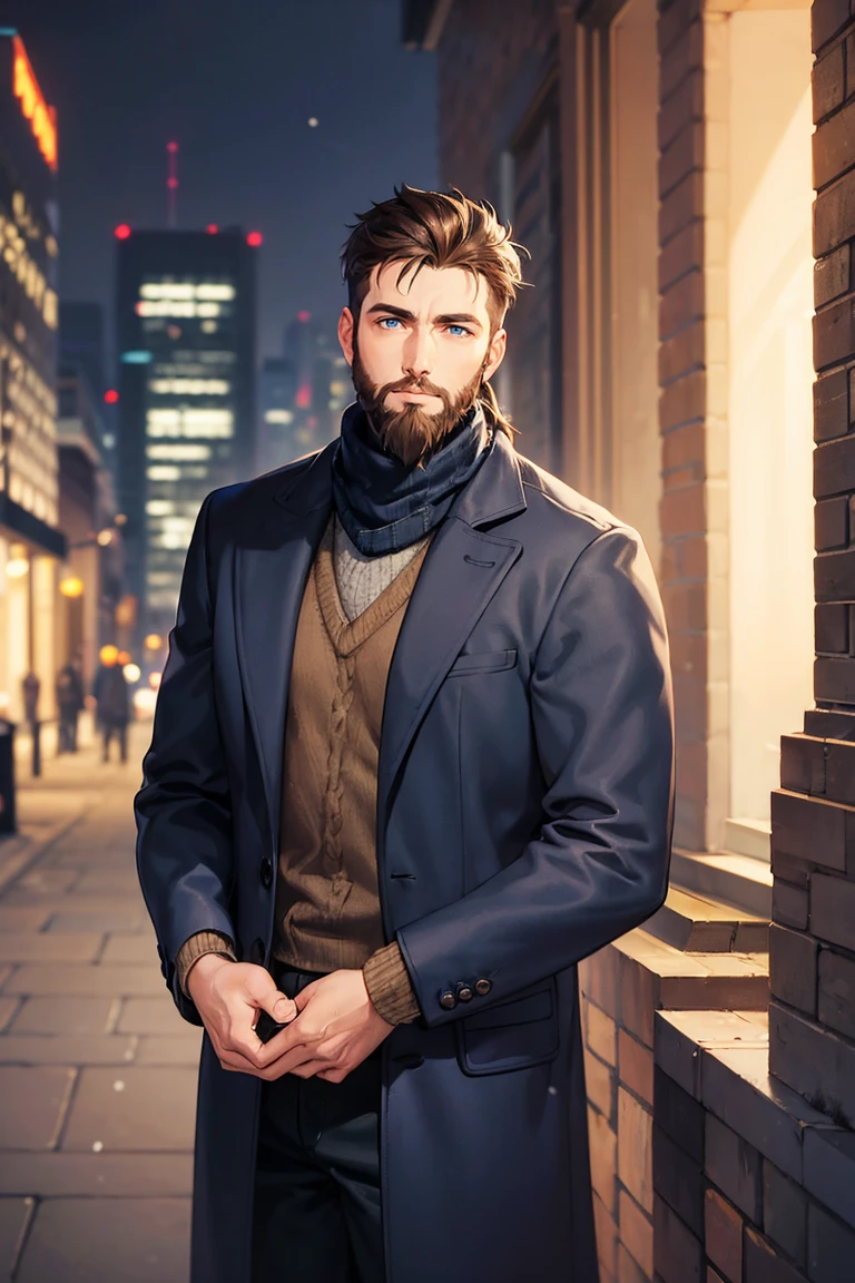 solo, 1boy, brown hair, short hair, brown beard, thick beard, blue eyes, dressed in wool sweater with a neck, grey drape coat and dark blue jeans, night, 50s city, winter, snowing, half-body