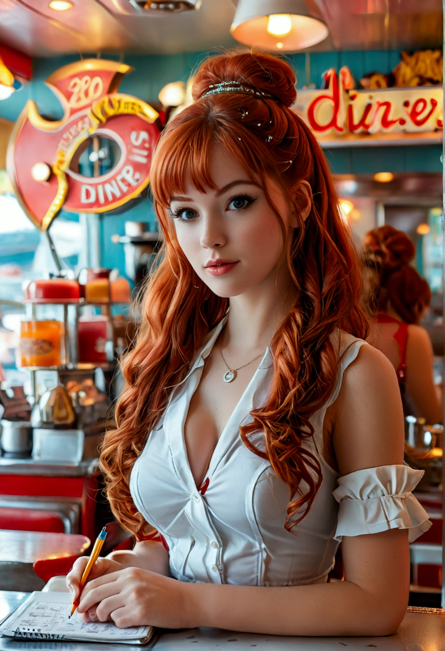 ultra realistic, photography, long red hair, girl, 24 years old, hourglass figure, perfect body, Flirty look, natural breasts, blur background, working at a 60s diner, standing at the counter, waitress outfit, hair in a bun, notepad and pencil in her hands