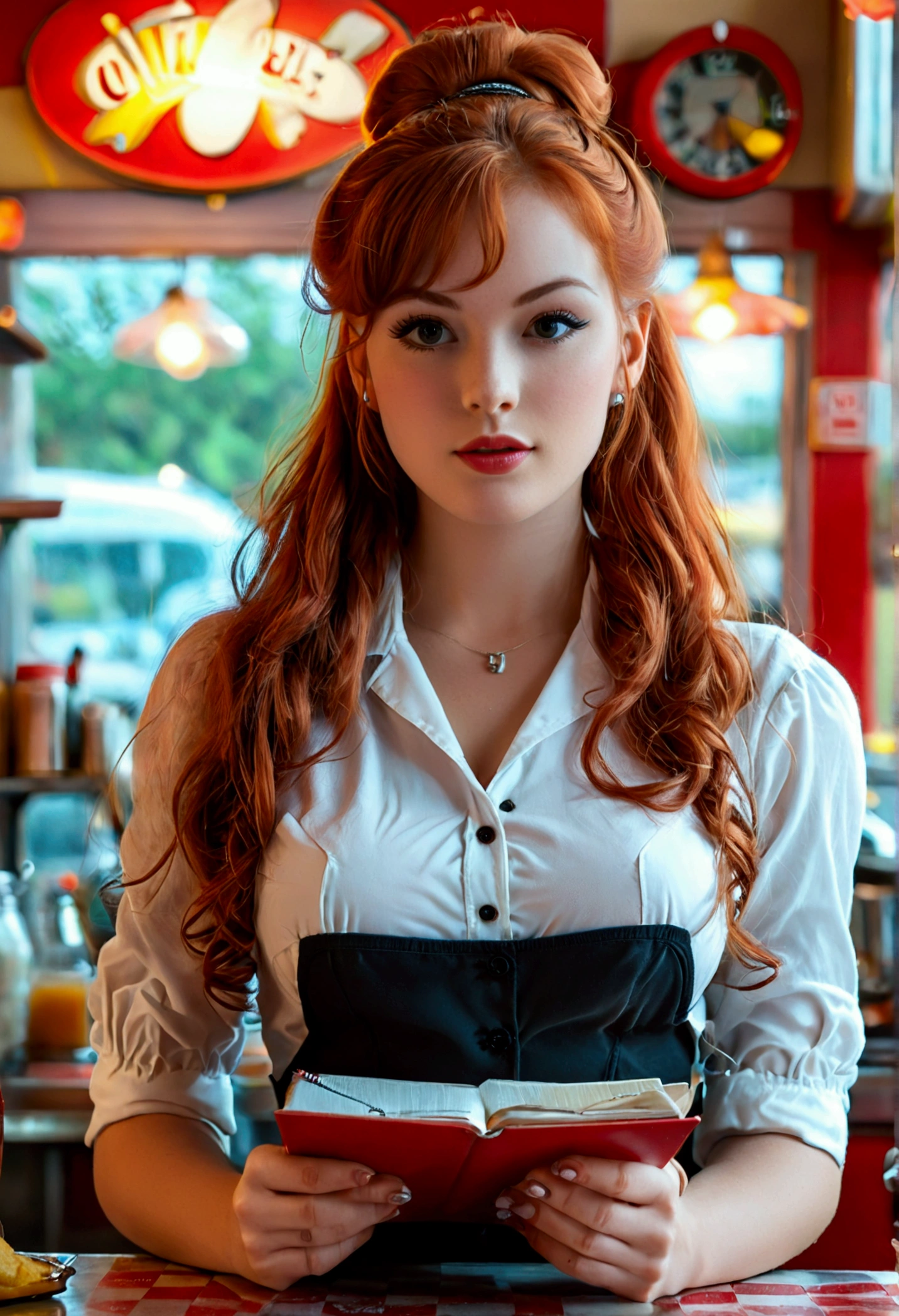 ultra realistic, photography, long red hair, girl, 24 years old, hourglass figure, perfect body, Flirty look, natural breasts, blur background, working at a 60s diner, standing at the counter, waitress outfit, hair in a bun, notepad and pencil in her hands