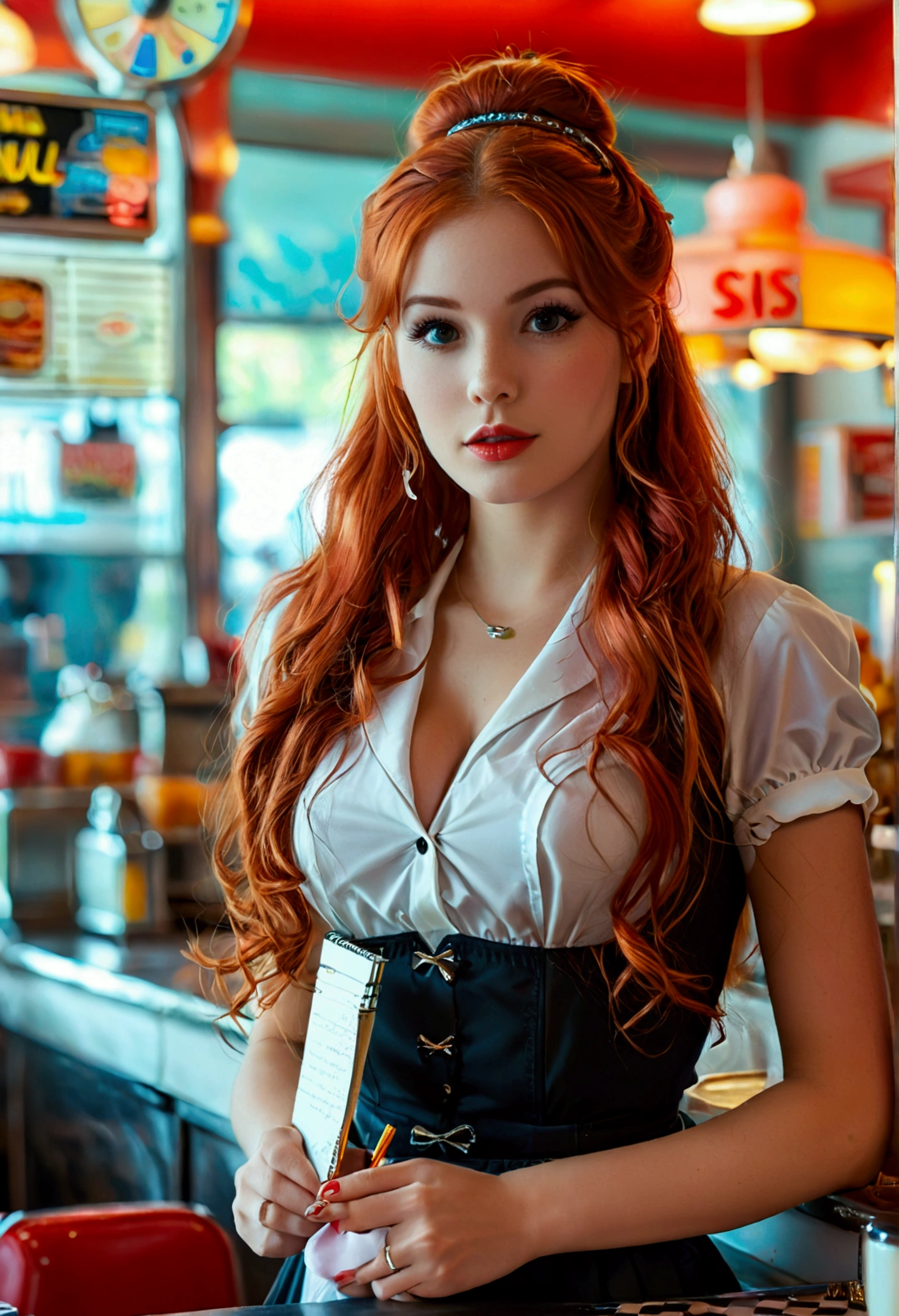 ultra realistic, photography, long red hair, girl, 24 years old, hourglass figure, perfect body, Flirty look, natural breasts, blur background, working at a 60s diner, standing at the counter, waitress outfit, hair in a bun, notepad and pencil in her hands