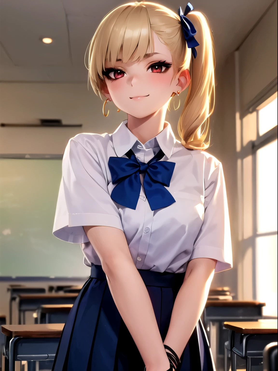 ((Highest quality)), ((masterpiece)), (detailed), Perfect Face, Perfect Arms, Perfect hands, Perfect Fingers, anime, Ultra-fine illustration, (One girl), Wheat skin, Medium chest, (Put your hands behind your back:1.3), Mischievous, Blonde, Side Ponytail, (Earrings:1.3), bracelet, {(Heavy makeup), (Light Brown Eyeshadow), (eyeliner), (False eyelashes), (mascara), (Thin eyebrows)}, {(JK Uniform), (White short sleeve shirt), (Navy blue pleated skirt), (Navy blue ribbon), (A bow tie)}, classroom, School, looking at the camera, Photographed from the front, Upper Body Shot,