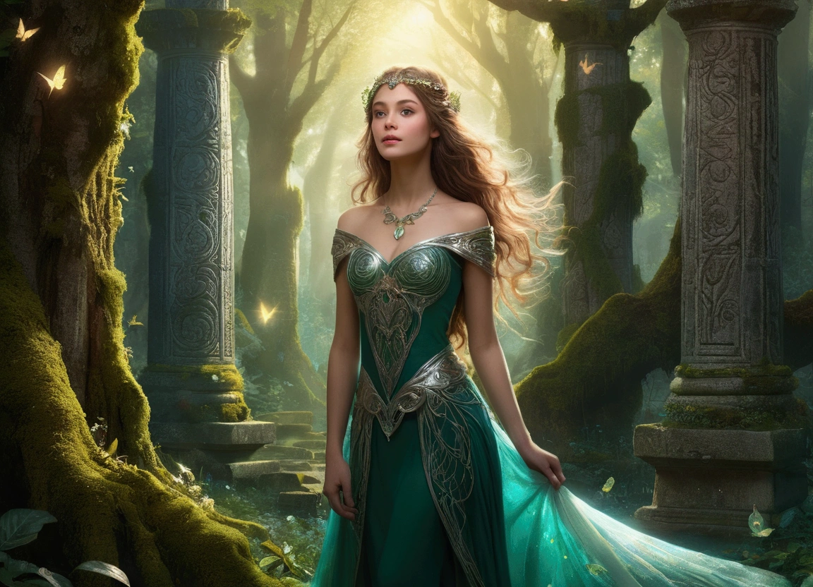 girl, solo, (fantasy art:1.4), fantastic, poster, portrait, standing in an enchanted forest, magical forest, magic light, fairies, surrounded by ancient trees with emerald, silver, and golden leaves, bioluminescent moss and flowers on the ground, mystical light beams filtering through the canopy, faint mist and whispering wind, small glowing fairies flying around, ethereal atmosphere, soft, radiant skin, flowing hair, detailed facial features, magical and serene expression, intricate and colorful attire, enchanted spring in the background, ancient stone pillars with magical runes, majestic light tree at the center