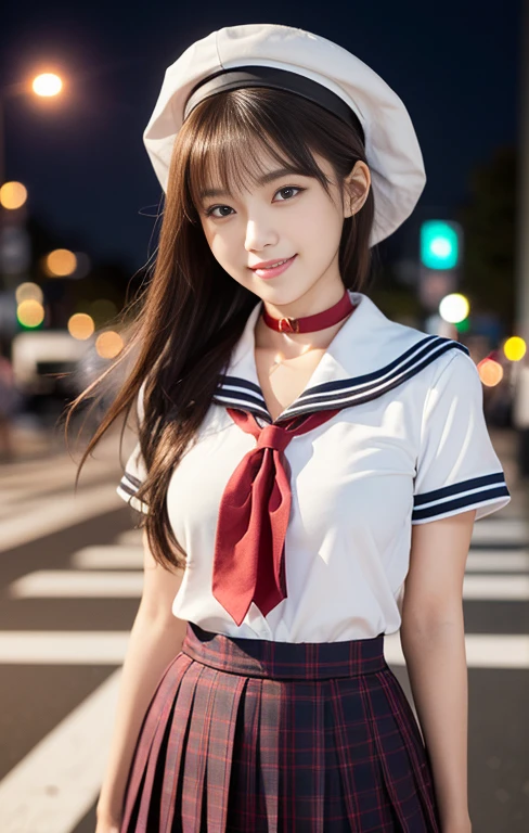 (1 gorgeous Asian women, age 20s, standing with natural pose, at a surreal Shibuya Crossing Tokyo, no people in background, night sky. She's dressed in Japanese JK Uniform, Serafuku, Seifuku, Sailor Uniform, silver neck choker, white blouse, sailor-style collar, pleated skirt, Buttons, Red Ribbon, Red Bolo Tie, Striped Necktie, Red Neckerchief, Red Bow, Sailor Hat, Western-style plaid skirt, knee-high socks, beautiful detailed face, beautiful detailed eyes, dimpled smile, kind & friendly smile, short bob hair, ponytail, cute snaggletooth, ample round bosom, Fit & Healthy body proportion, photorealistic, hyper-realism, high contrast, ultra HD, realistic skin textures, top image quality, top-quality, super high resolution, fine details, very meticulously, bokeh background, full_body_shot, vivid colours, masterpiece) #aliceinborderland