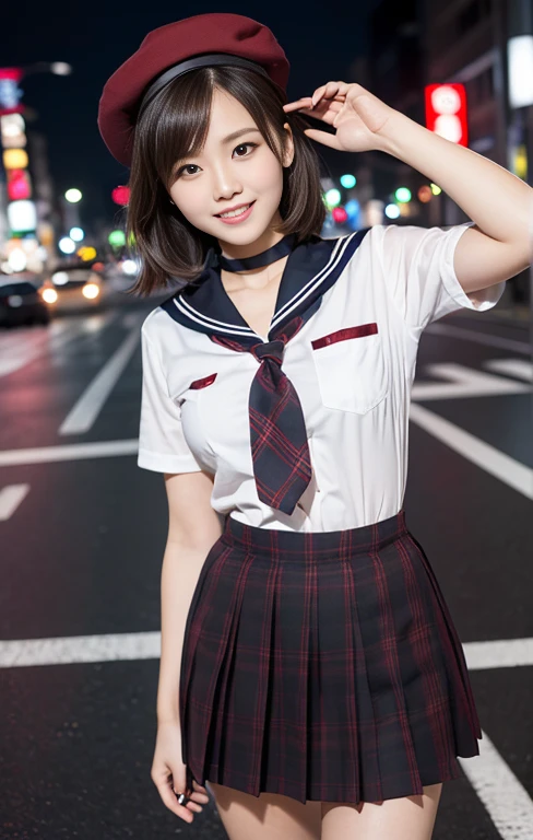 (1 gorgeous Asian women, age 20s, standing with natural pose, at a surreal Shibuya Crossing Tokyo, no people in background, night sky. She's dressed in Japanese JK Uniform, Serafuku, Seifuku, Sailor Uniform, silver neck choker, white blouse, sailor-style collar, pleated skirt, Buttons, Red Ribbon, Red Bolo Tie, Striped Necktie, Red Neckerchief, Red Bow, Sailor Hat, Western-style plaid skirt, knee-high socks, beautiful detailed face, beautiful detailed eyes, dimpled smile, kind & friendly smile, short bob hair, ponytail, cute snaggletooth, ample round bosom, Fit & Healthy body proportion, photorealistic, hyper-realism, high contrast, ultra HD, realistic skin textures, top image quality, top-quality, super high resolution, fine details, very meticulously, bokeh background, full_body_shot, vivid colours, masterpiece) #aliceinborderland