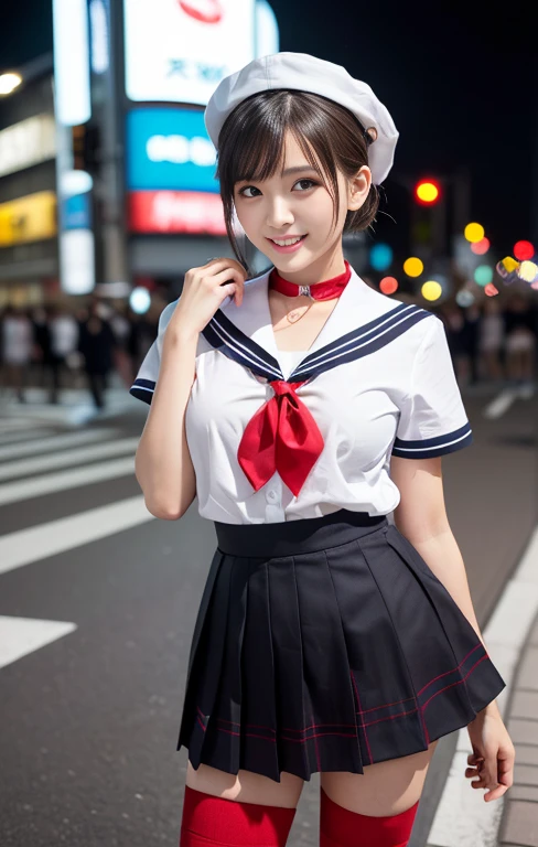 (1 gorgeous Asian women, age 20s, standing with natural pose, at a surreal Shibuya Crossing Tokyo, no people in background, night sky. She's dressed in Japanese JK Uniform, Serafuku, Seifuku, Sailor Uniform, silver neck choker, white blouse, sailor-style collar, pleated skirt, Buttons, Red Ribbon, Red Bolo Tie, Striped Necktie, Red Neckerchief, Red Bow, Sailor Hat, Western-style plaid skirt, knee-high socks, beautiful detailed face, beautiful detailed eyes, dimpled smile, kind & friendly smile, short bob hair, ponytail, cute snaggletooth, ample round bosom, Fit & Healthy body proportion, photorealistic, hyper-realism, high contrast, ultra HD, realistic skin textures, top image quality, top-quality, super high resolution, fine details, very meticulously, bokeh background, full_body_shot, vivid colours, masterpiece) #aliceinborderland