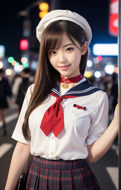 (1 gorgeous Asian women, age 20s, standing with natural pose, at a surreal Shibuya Crossing Tokyo, no people in background, night sky. She's dressed in Japanese JK Uniform, Serafuku, Seifuku, Sailor Uniform, silver neck choker, white blouse, sailor-style collar, pleated skirt, Buttons, Red Ribbon, Red Bolo Tie, Striped Necktie, Red Neckerchief, Red Bow, Sailor Hat, Western-style plaid skirt, knee-high socks, beautiful detailed face, beautiful detailed eyes, dimpled smile, kind & friendly smile, short bob hair, ponytail, cute snaggletooth, ample round bosom, Fit & Healthy body proportion, photorealistic, hyper-realism, high contrast, ultra HD, realistic skin textures, top image quality, top-quality, super high resolution, fine details, very meticulously, bokeh background, full_body_shot, vivid colours, masterpiece) #aliceinborderland