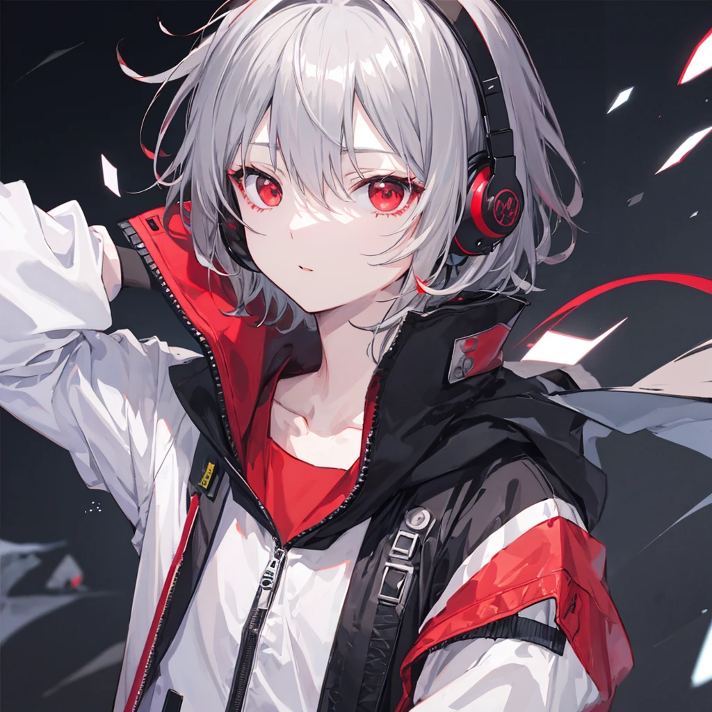 (masterpiece,Highest quality,Anime Style,atmosphere,More Information,CG rendering,Character portrait,Ray Tracing)((juvenile、juvenile、Shota、Solo))、Gray Hair、Red Eyes、Red and black gradient、Jacket、headphone、Look left
