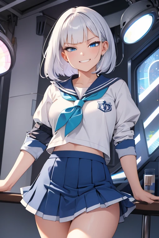 A woman with silver bob hair and blue eyes, her eyes are condescendingly, ((She is very angry with a cute grinning expression)), extremely detailed and realistic, masterpiece quality, ultra-detailed, HDR, studio lighting, vivid colors, physically-based rendering, sailor uniform, mini skirt